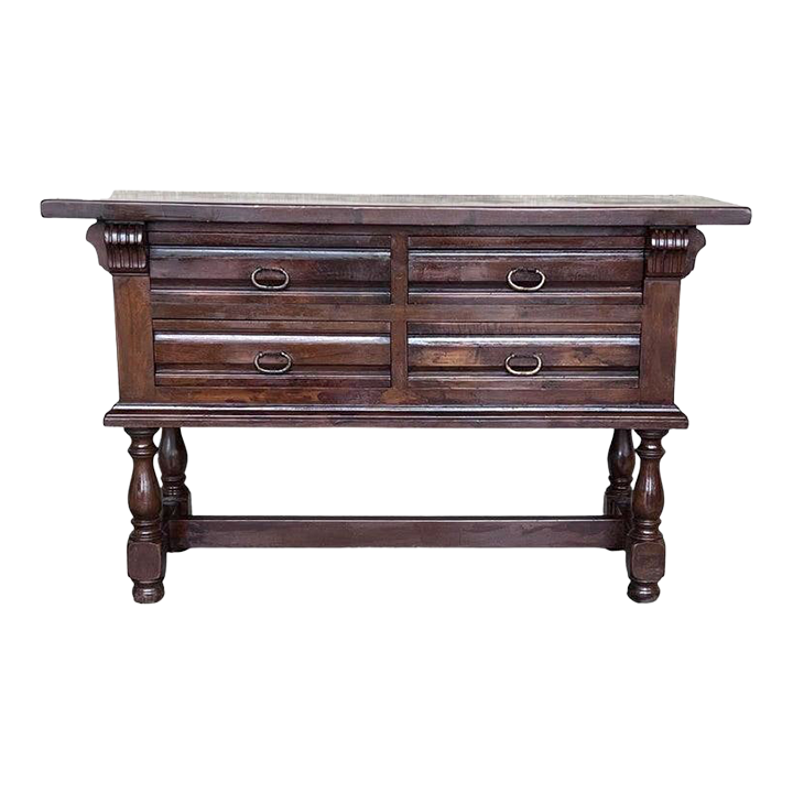 Spanish Console Chest Table With Four Carved Drawers and Original