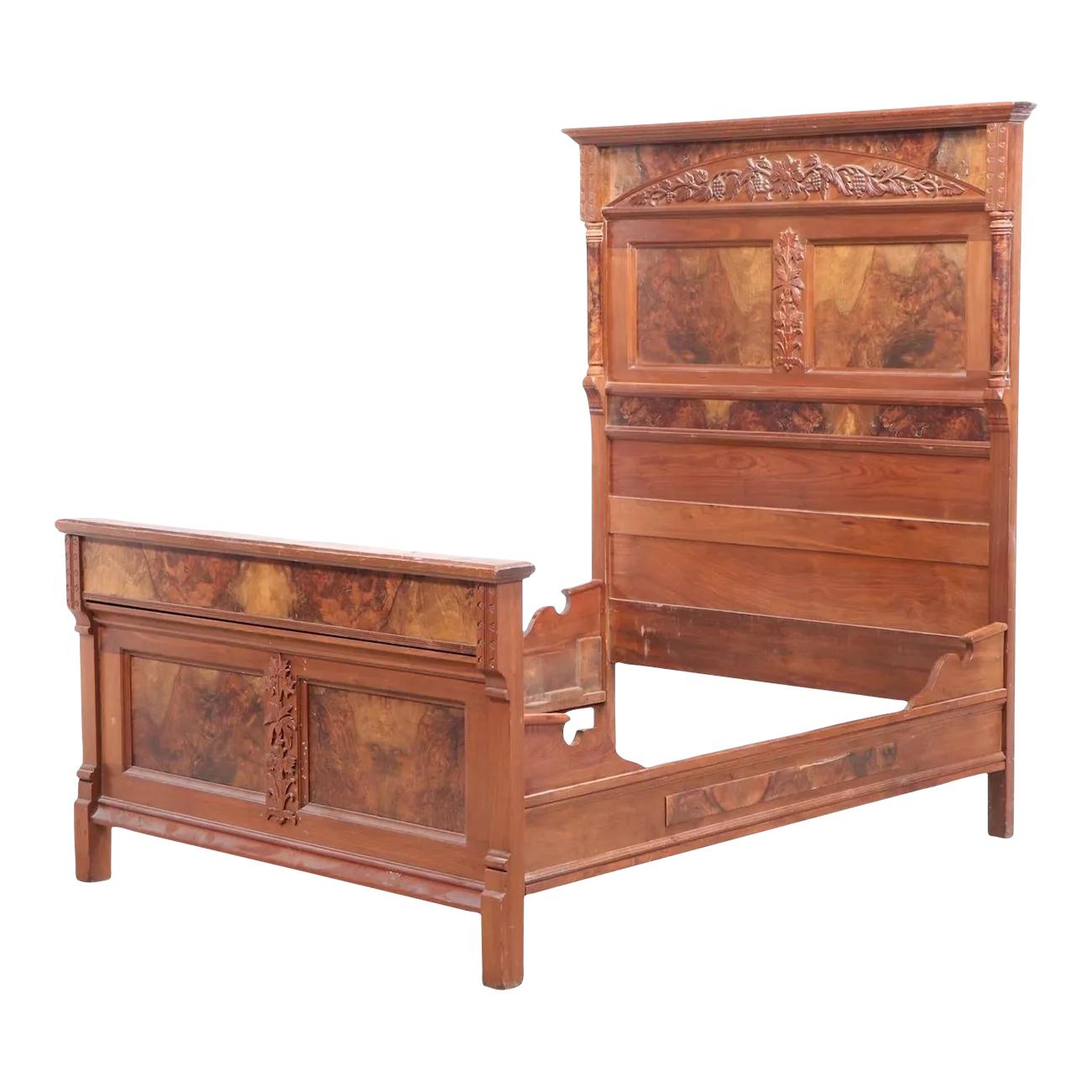 Victorian Walnut and Burl Walnut Full Size Bed Frame, Late 19th Century