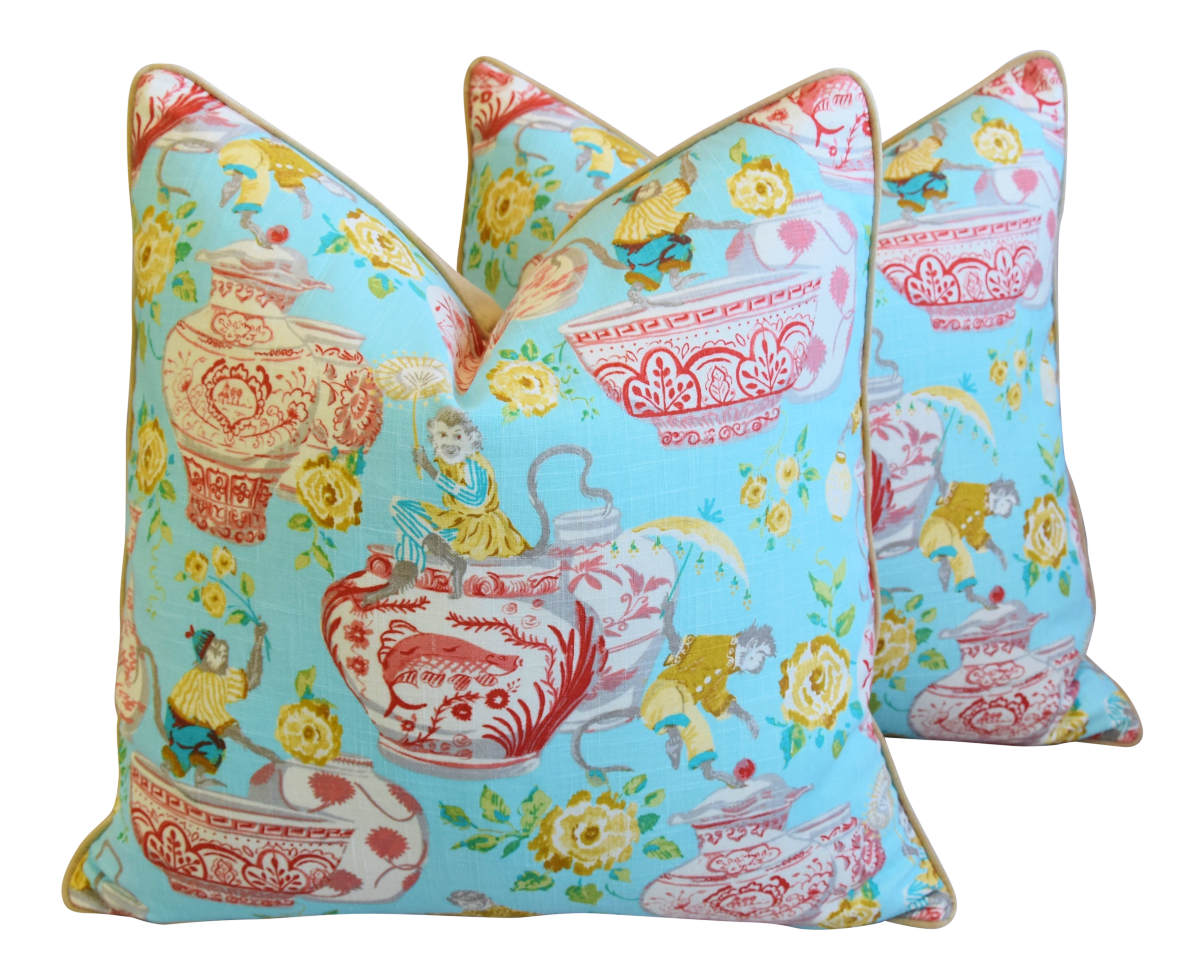 Aqua Chinoiserie Playful Monkeys Chinese Vases Feather Down