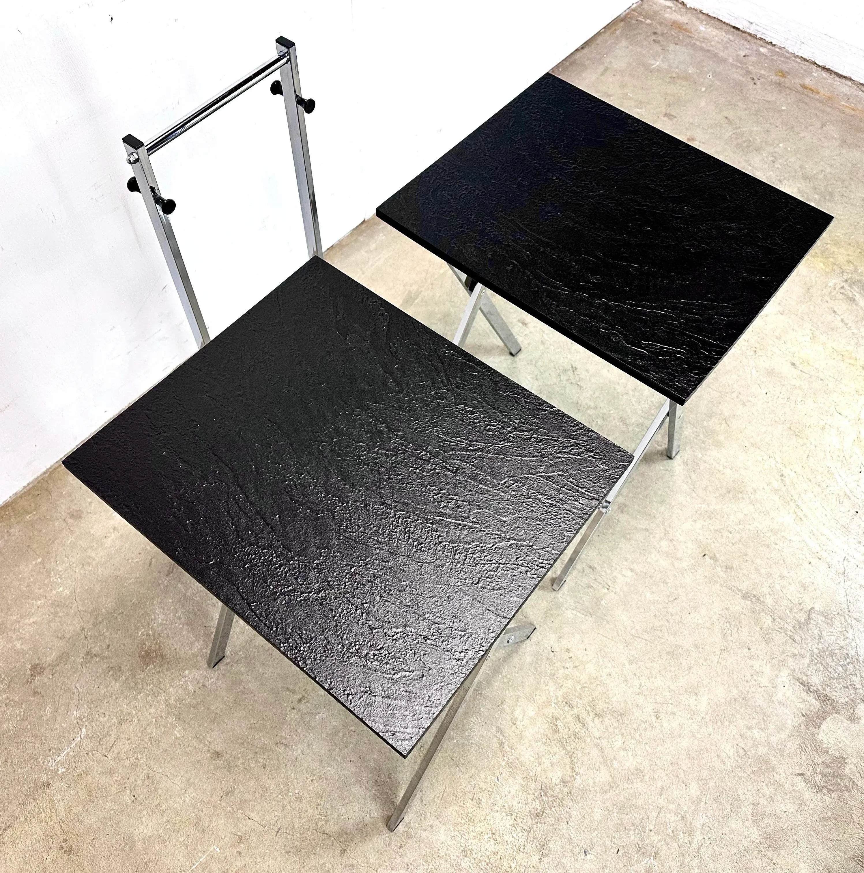 Vintage 1970's Modern Folding Chrome & Faux Slate Tray Tables