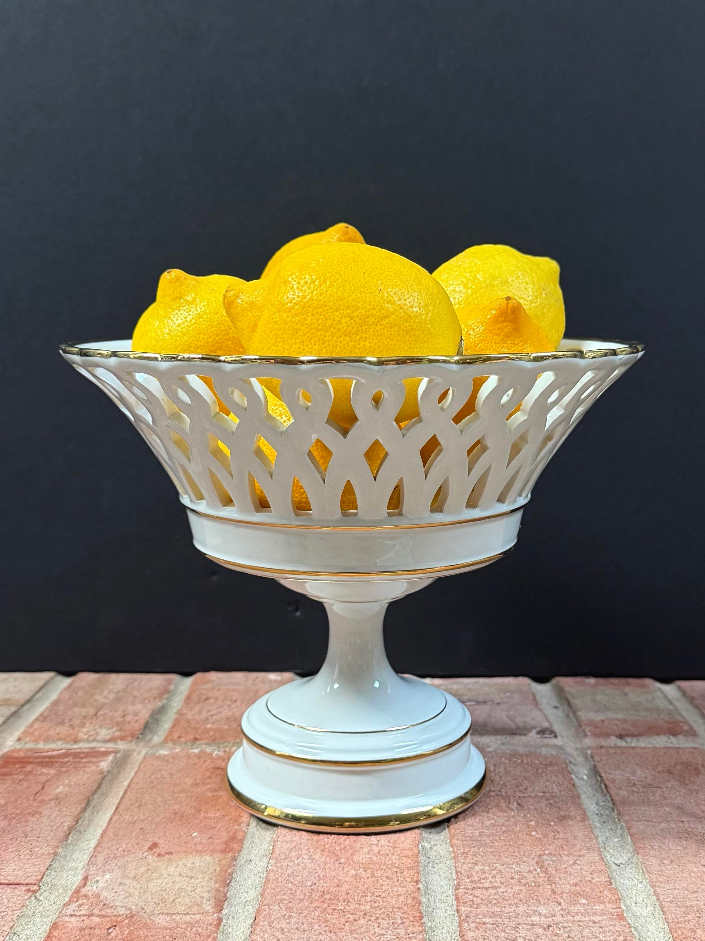 Vintage Italian Ceramic White Reticulated Pedestal Basket Fruit