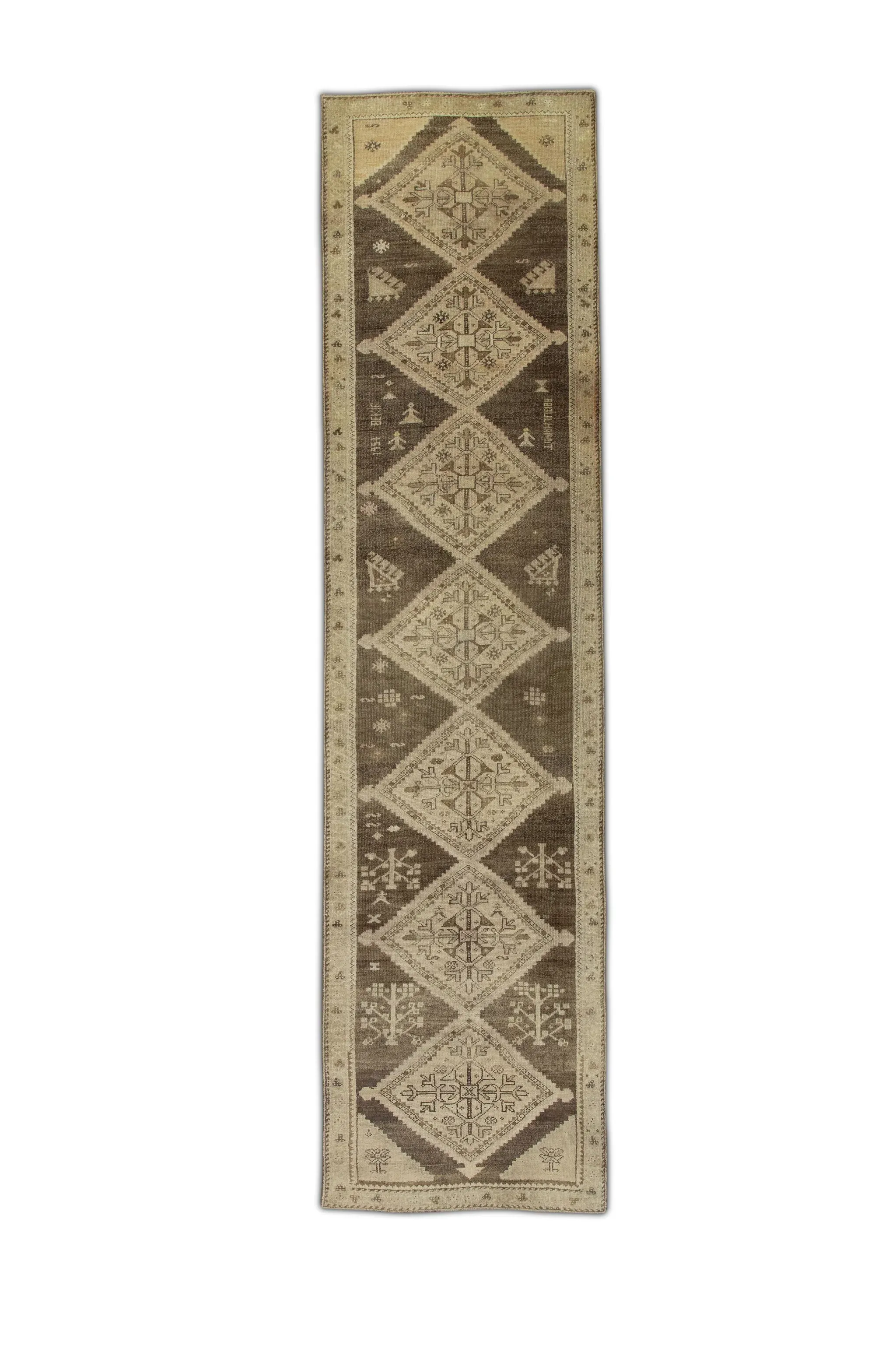 1960s Brown Geometric Design Handwoven Wool Vintage Turkish Oushak Runner 2\'10\