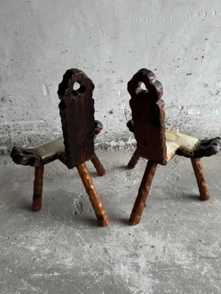 Mid-Century 3-Legged Stools with Backrest in Wood with Black-Brown Cowhide Seat, 1950s, Set of 2