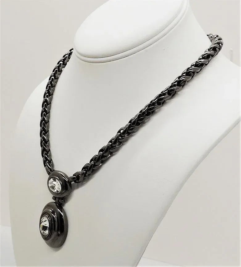 Vintage 1980s Signed Givenchy Hematite Finish Clear Rhinestone 