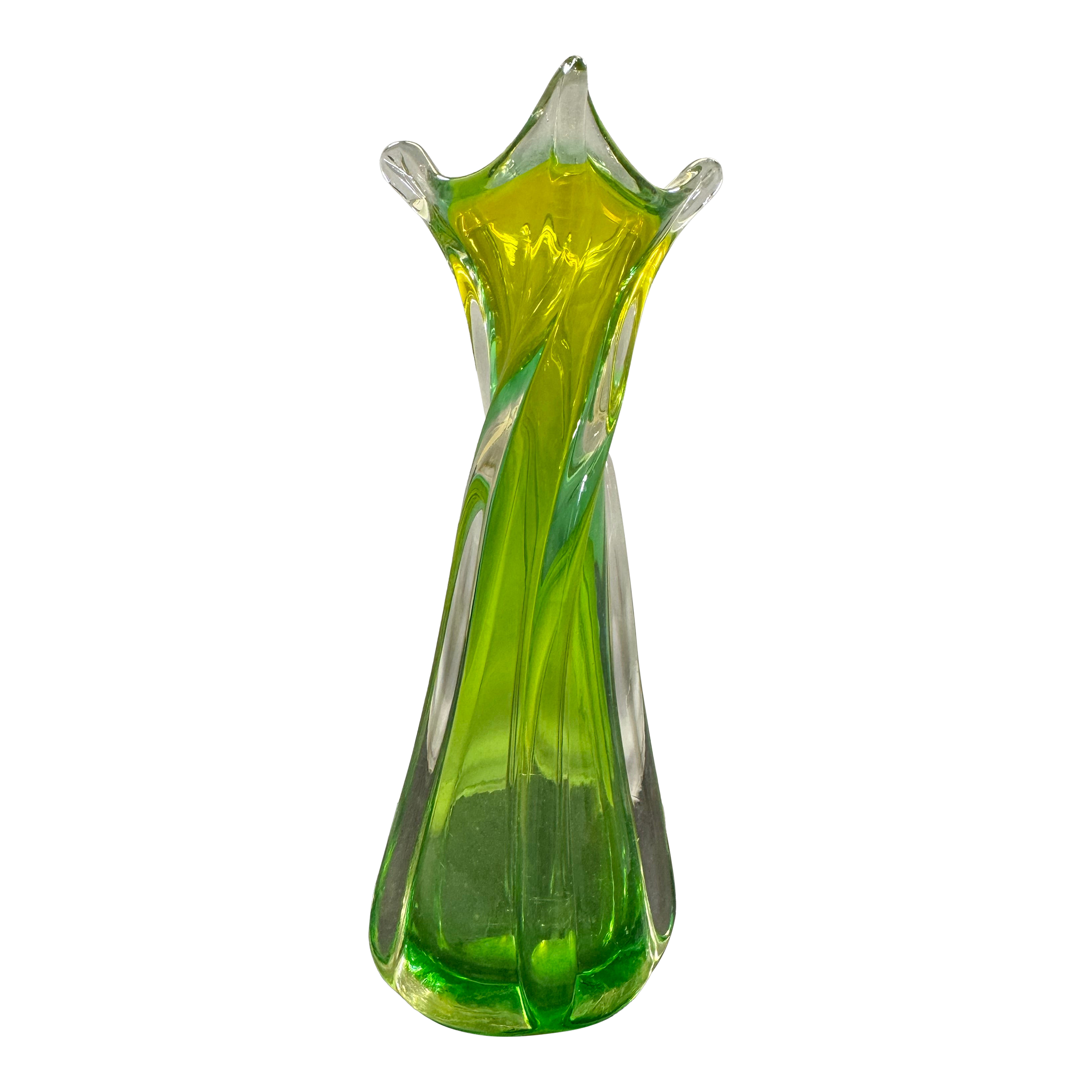 VTG MCM Green Stretch 4 Finger Swung Art Glass Vase Hand Blown Sommerso 1960s