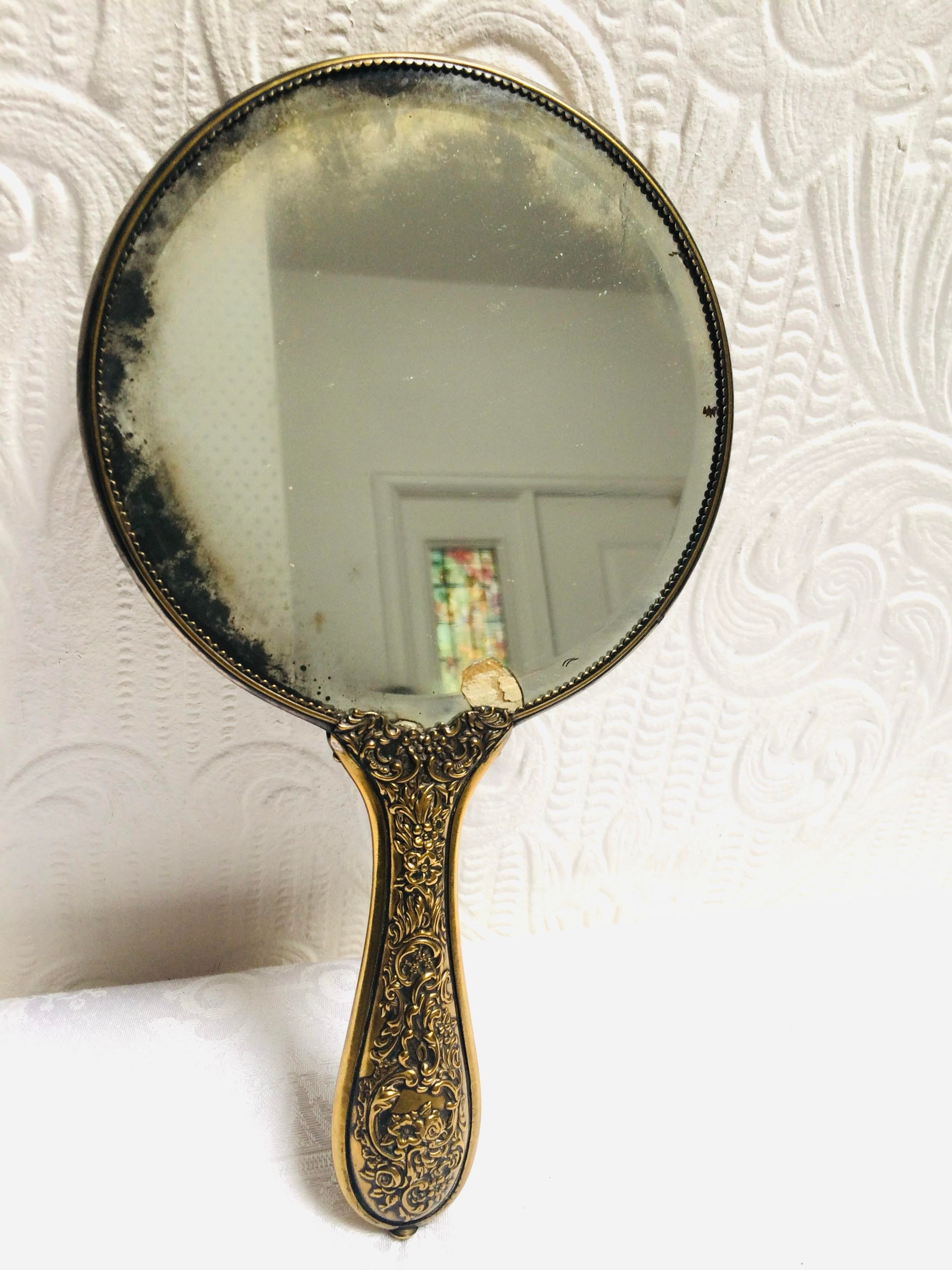 1890's Antique Victorian Gold Hand Mirror Angel Face | Chairish, image size:2448x3264