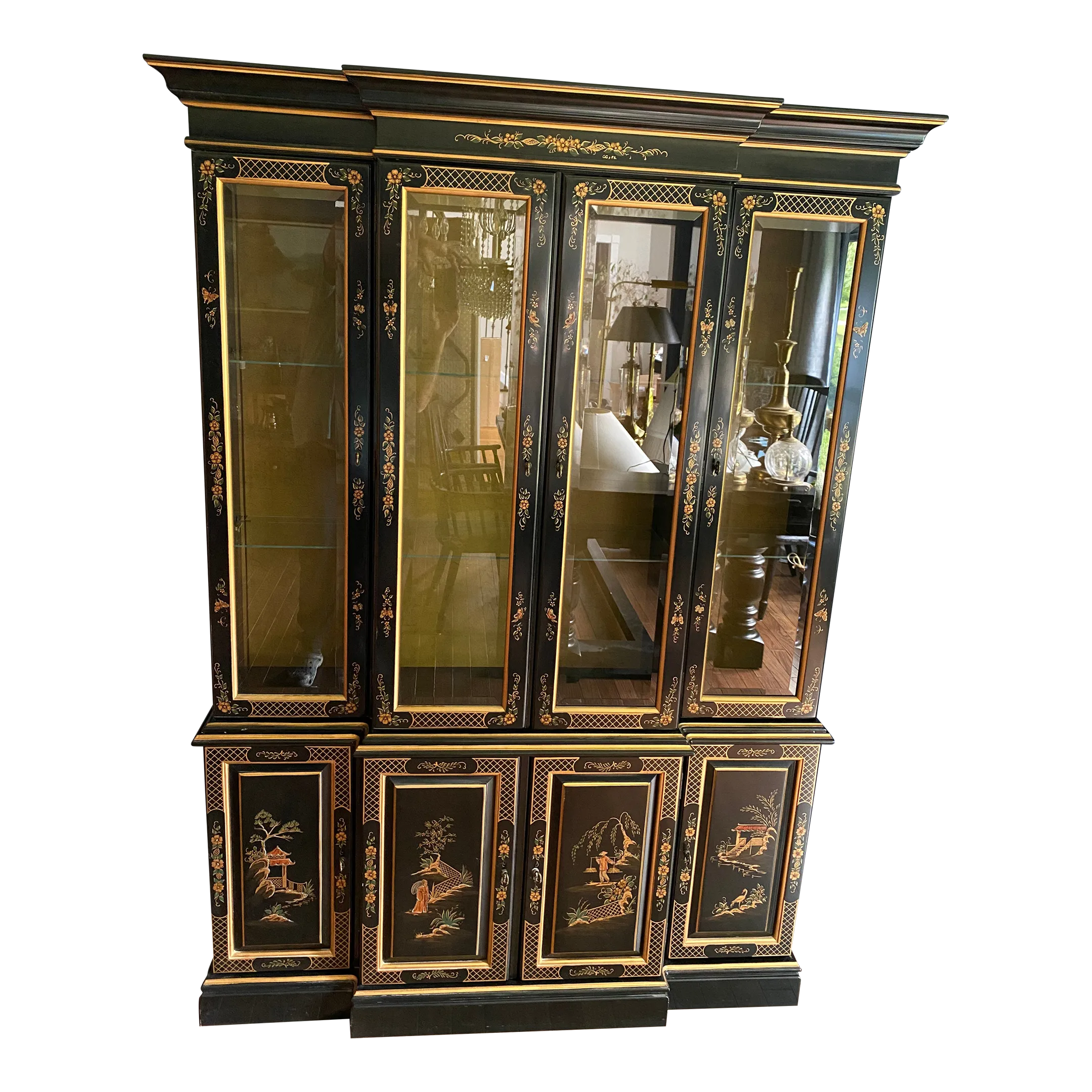 Ethan Allen Hand Painted Black Chinoiserie Asian China Display
