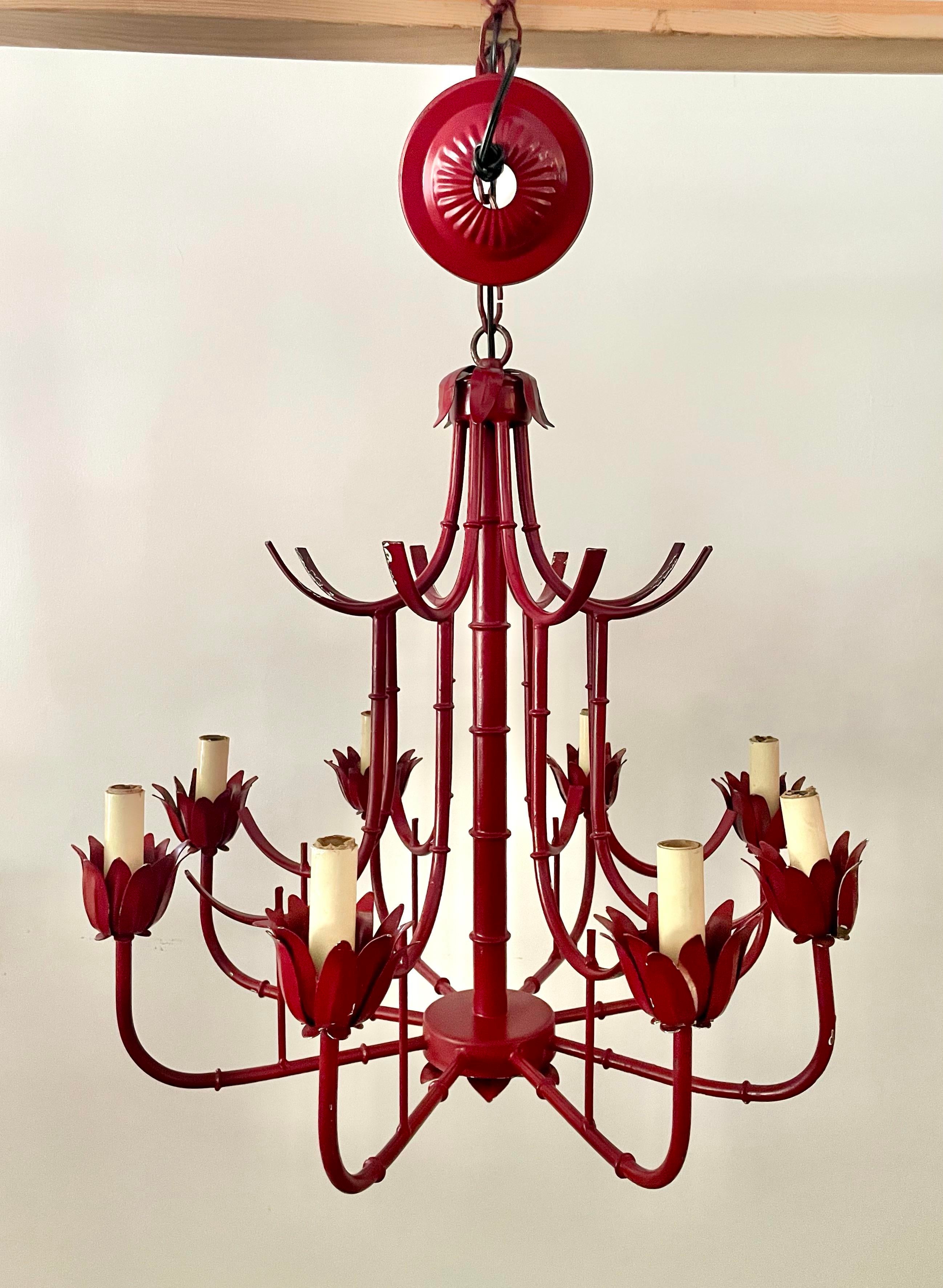 Regency Chinoiserie Faux Bamboo Pagoda 8-Light Chandelier Regency Chinoiserie Faux Bamboo Pagoda 8-Light Chandelier