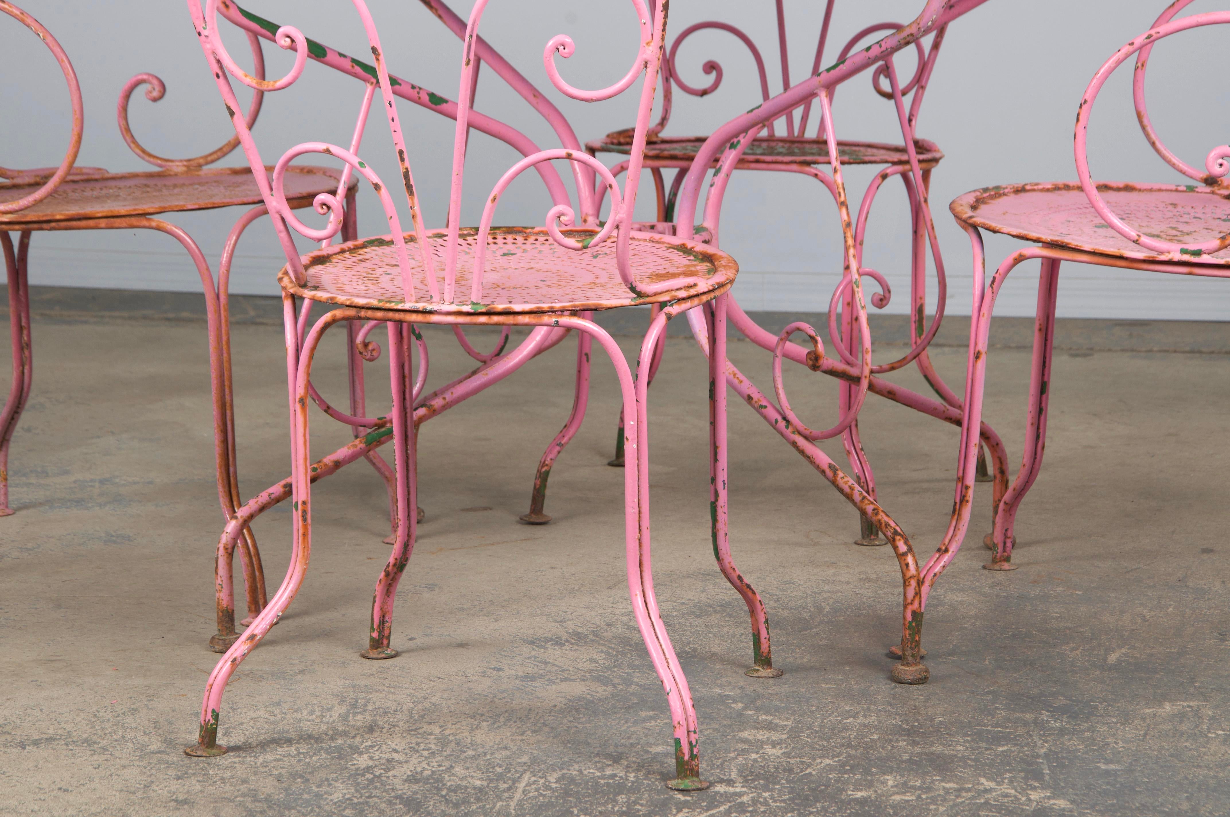 Antique French Art Nouveau Pink Wrought Iron Painted Garden Set