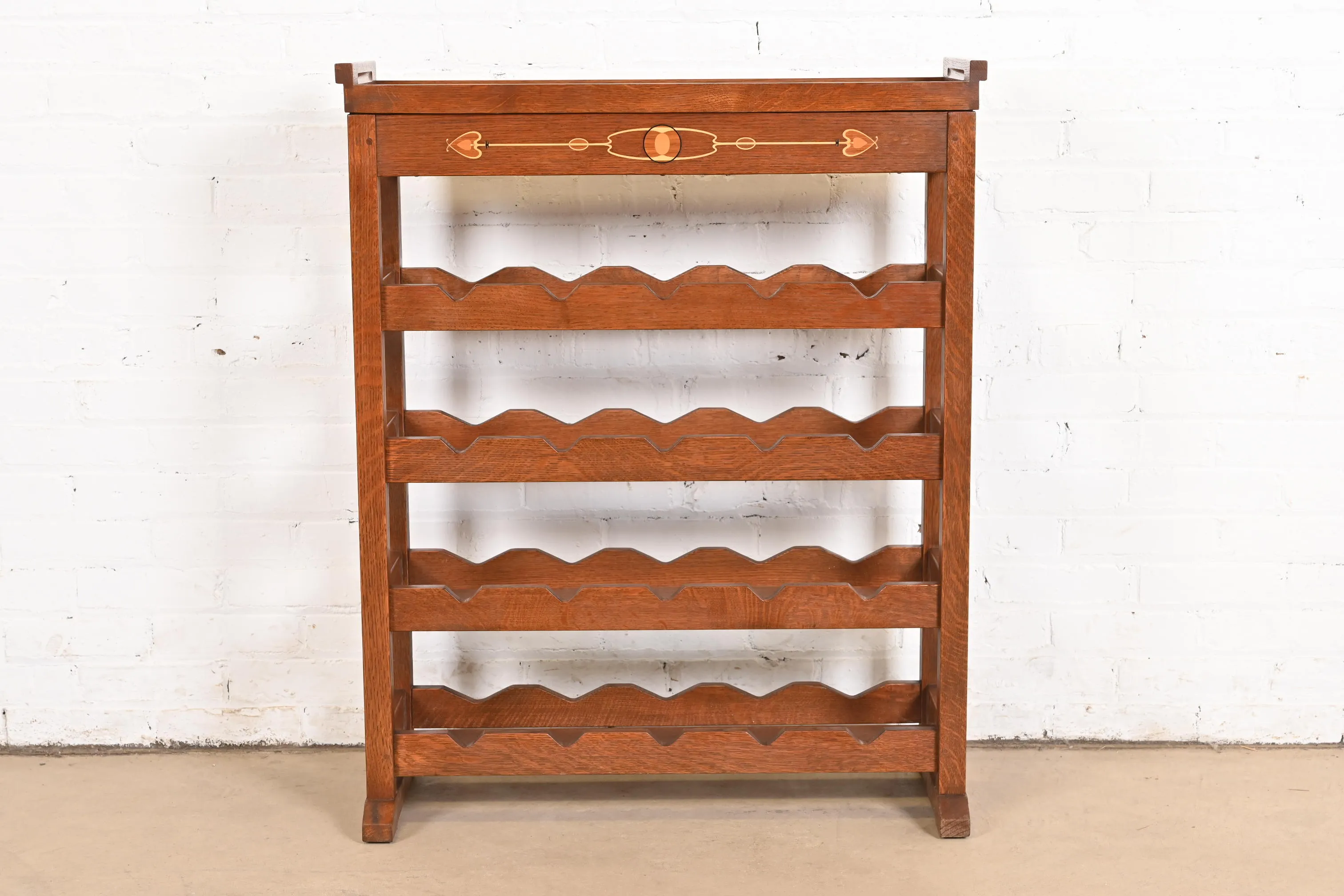 Stickley Harvey Ellis Collection Arts & Crafts Inlaid Oak 20-Bottle Wine Rack With Removable Serving Tray