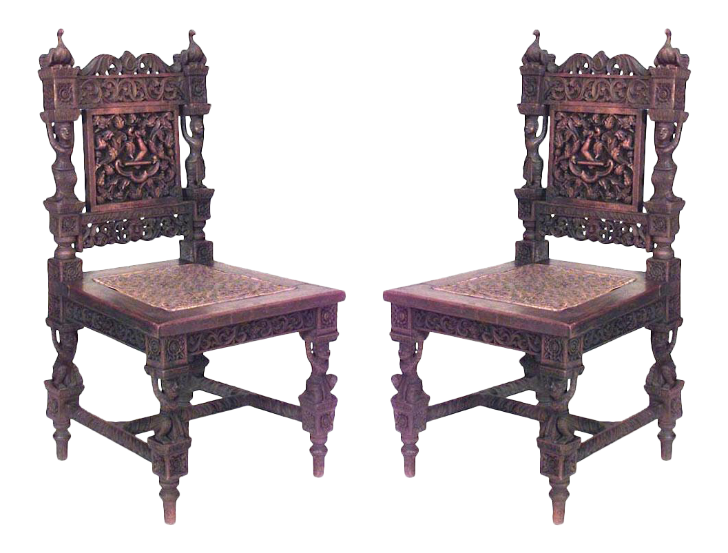 Asian Burmese Teak Carved Side Chairs Chairish