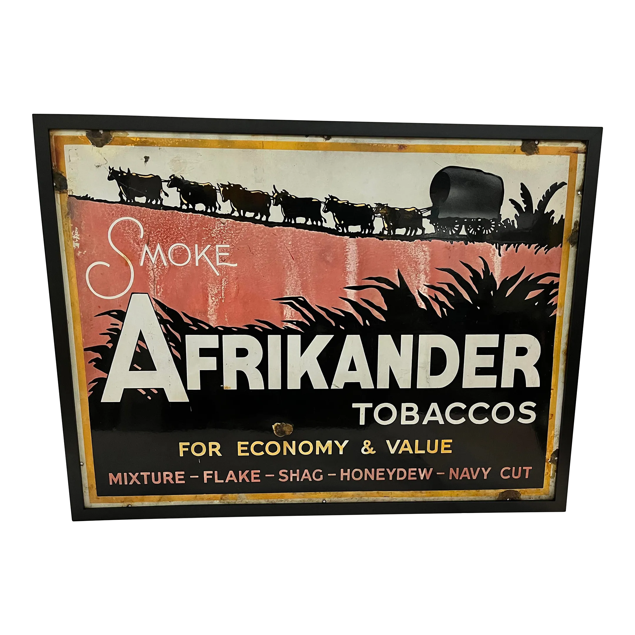 1940s Graphics of Oxen Wagon Vintage Enamel Afrikaner Tobacco Sign