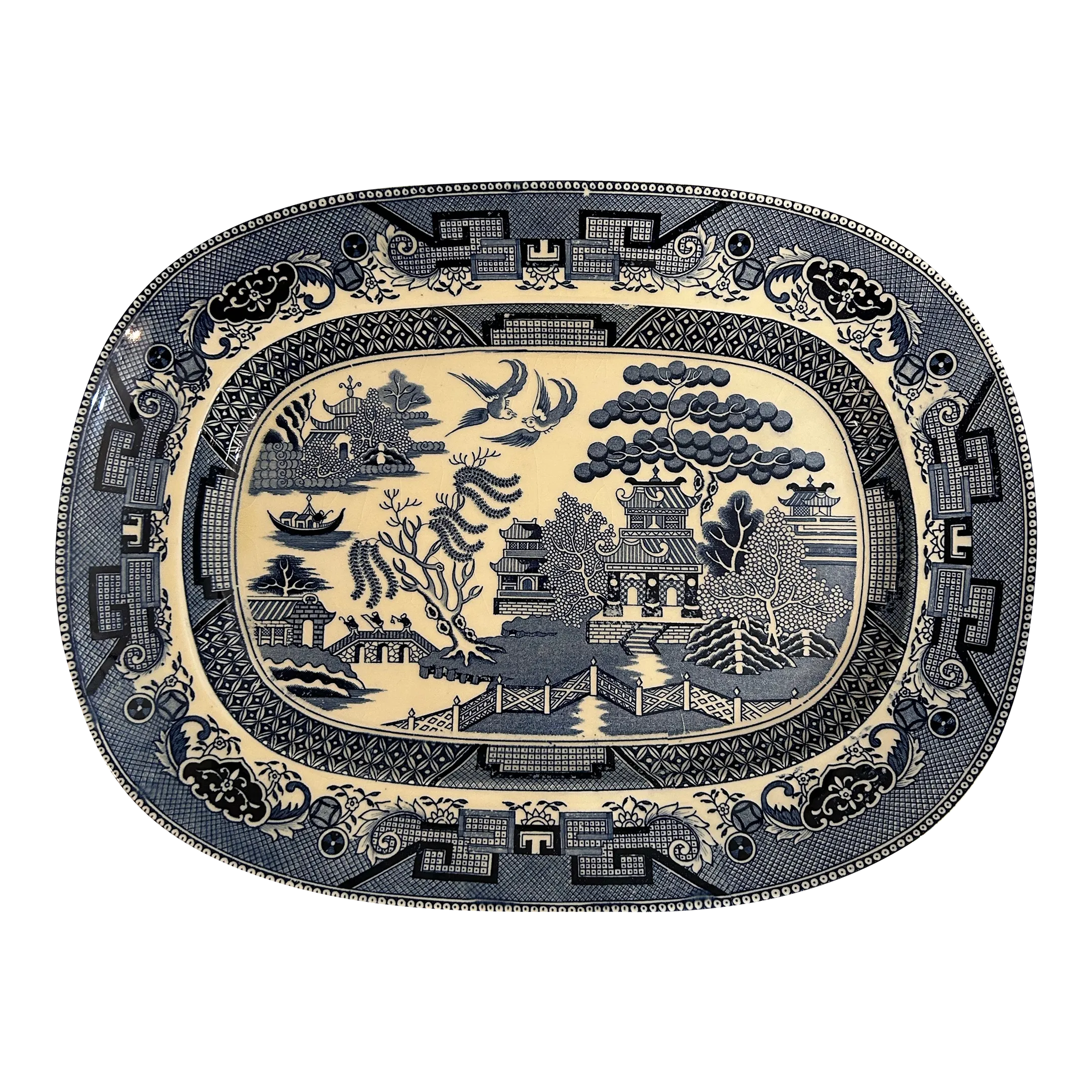 Vintage 14.5” Blue Willow Chinoiserie Platter With Lion and Crown Backstamp