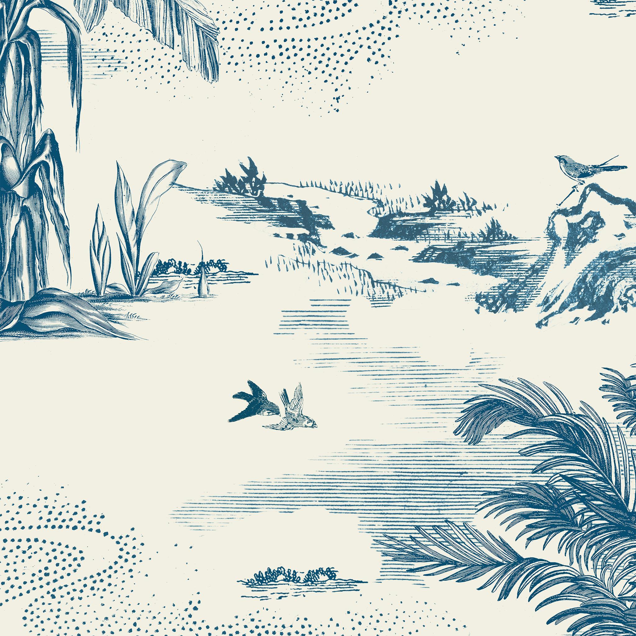 Soicher Marin Toile Wallpaper in Blue - 3 Panels | Chairish