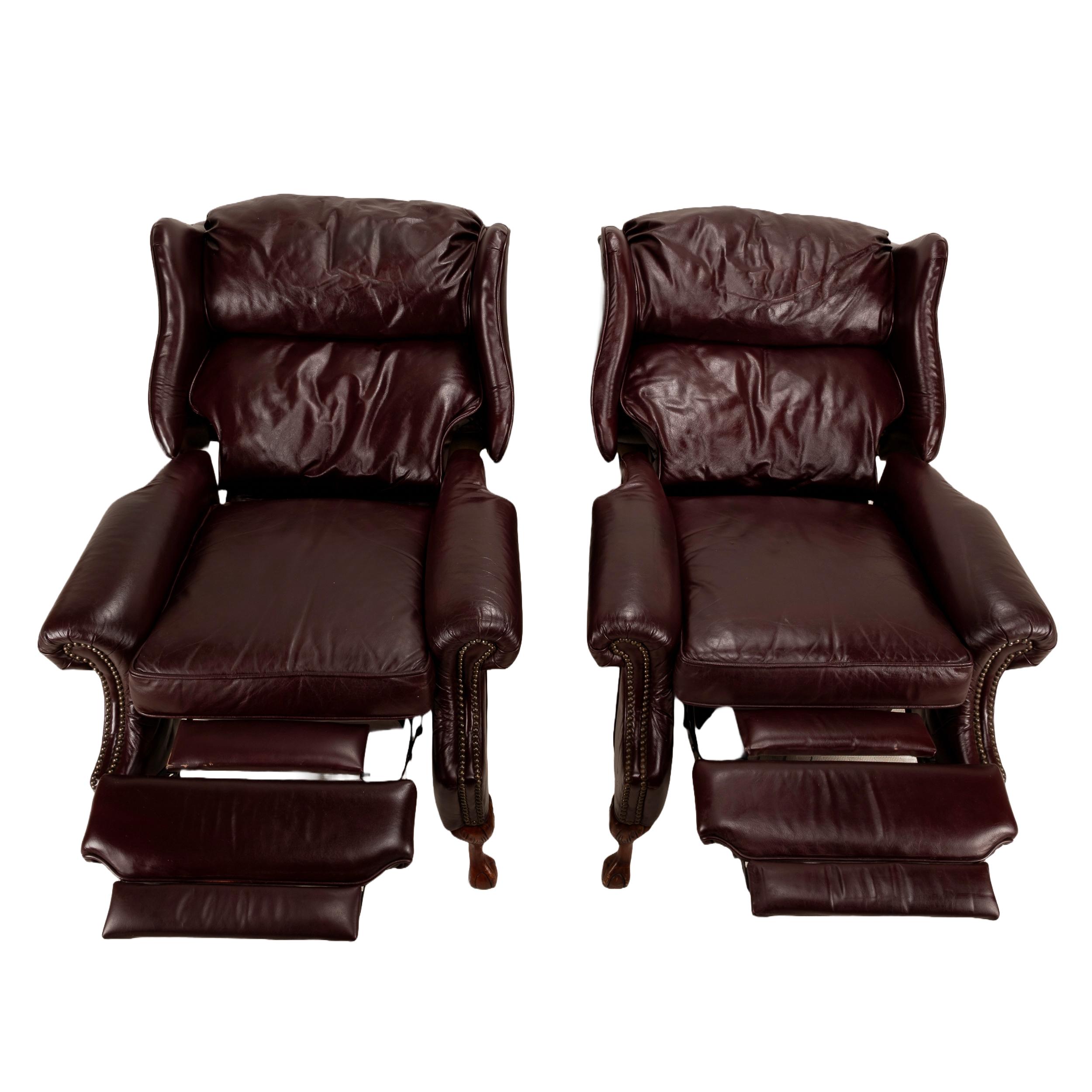 1980s Vintage Barcalounger Burgundy Leather Studded Wingback Recliner  Chairs A Pair