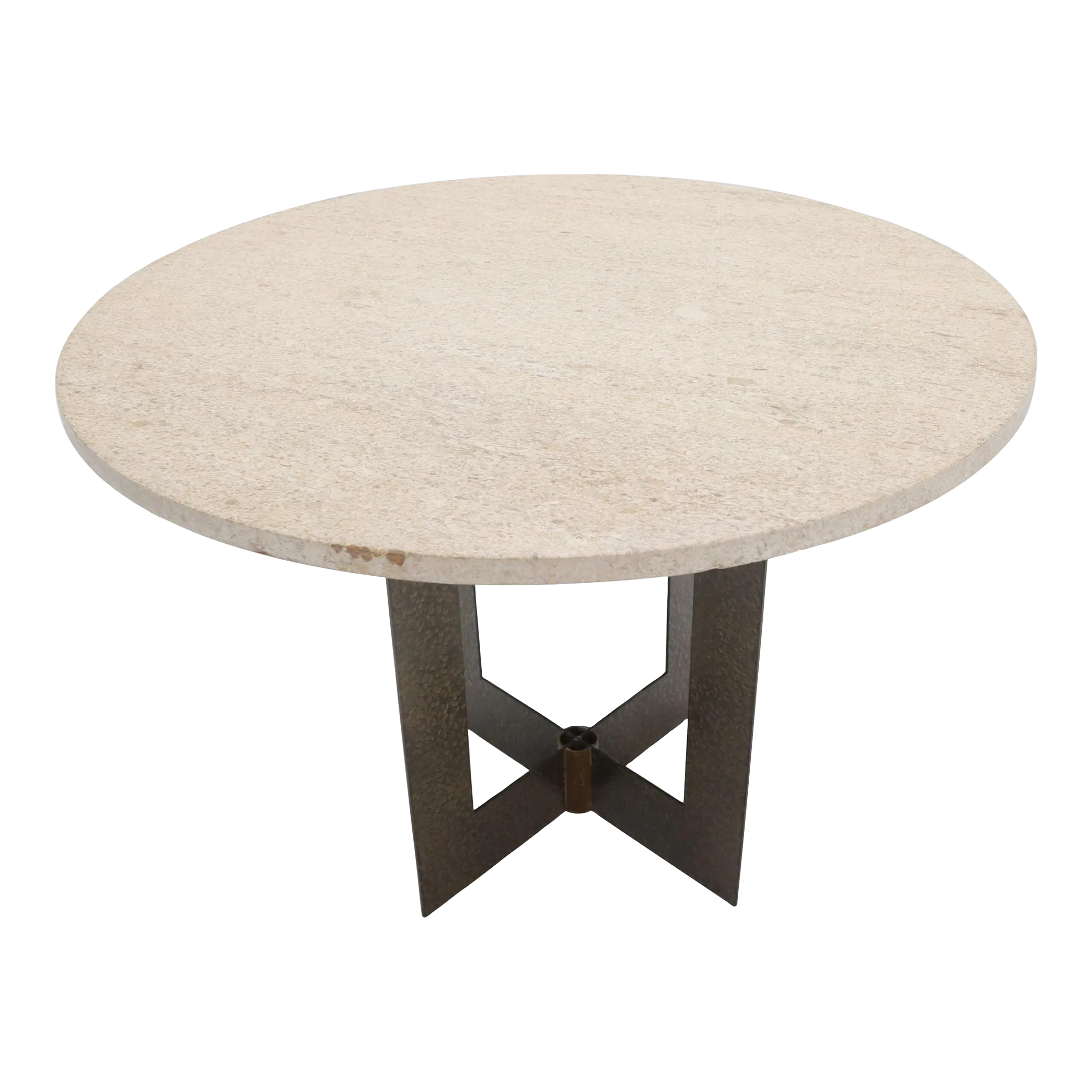 Studio Made Hammered Braised Copper Base Round Travertine Top Side End