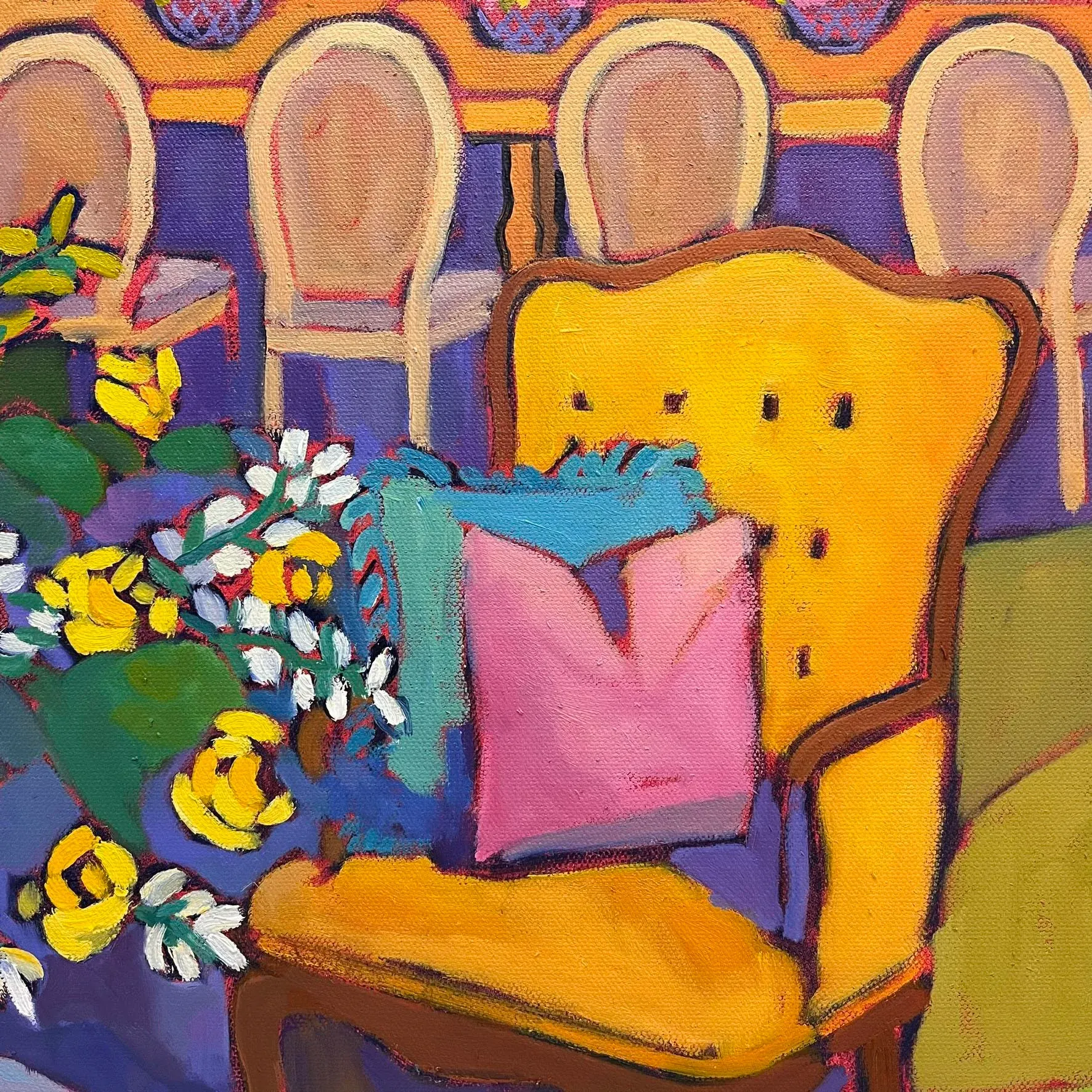 The Guest Room – Colorful Interior Oil Painting With Vintage Chair & Floral DetailVenetian School Artist, Architectural Capriccio with Figures, 1760, Oil on Canvas, Framed