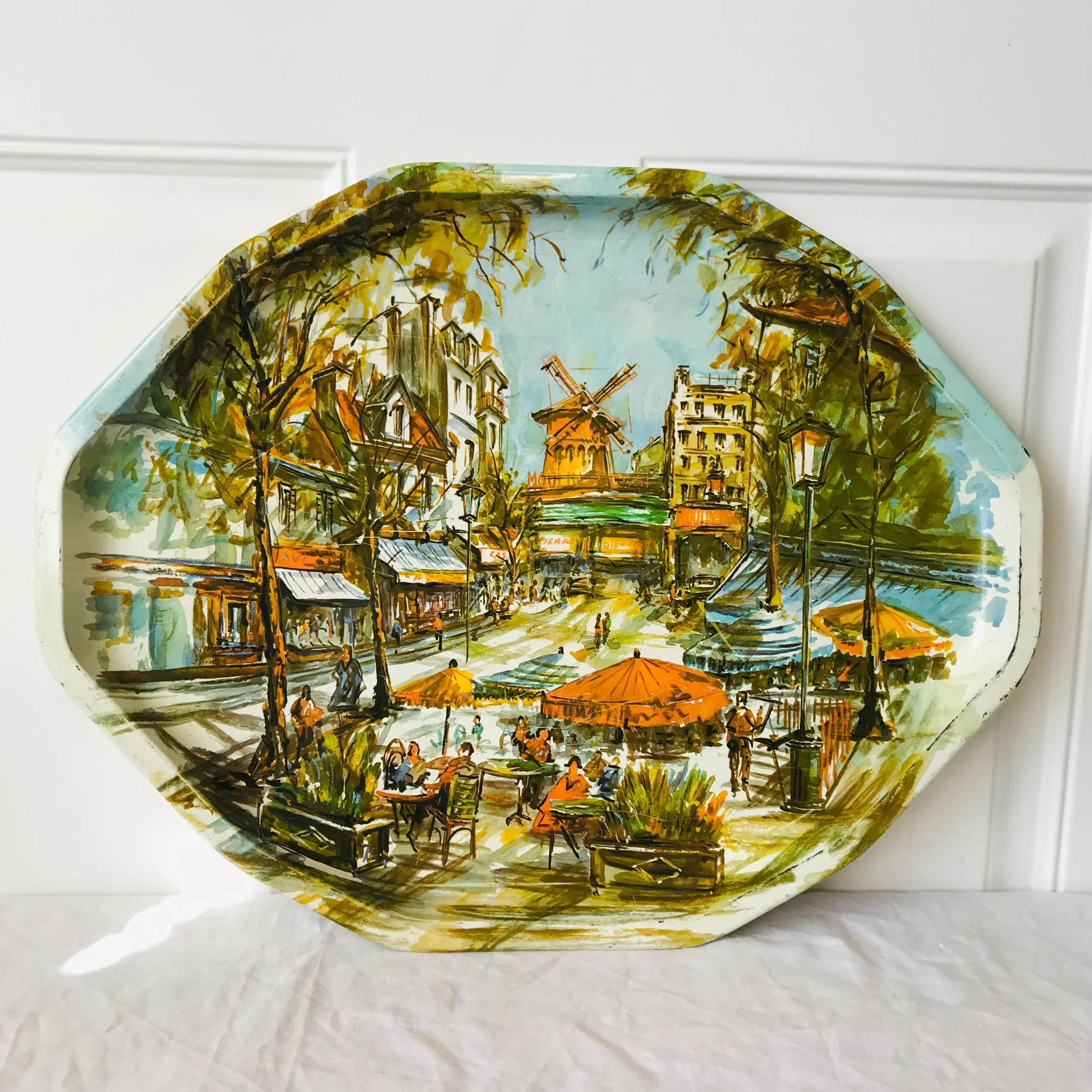 Vintage Moulin Rouge Parisian Scene Metal Tray by Daher, Long