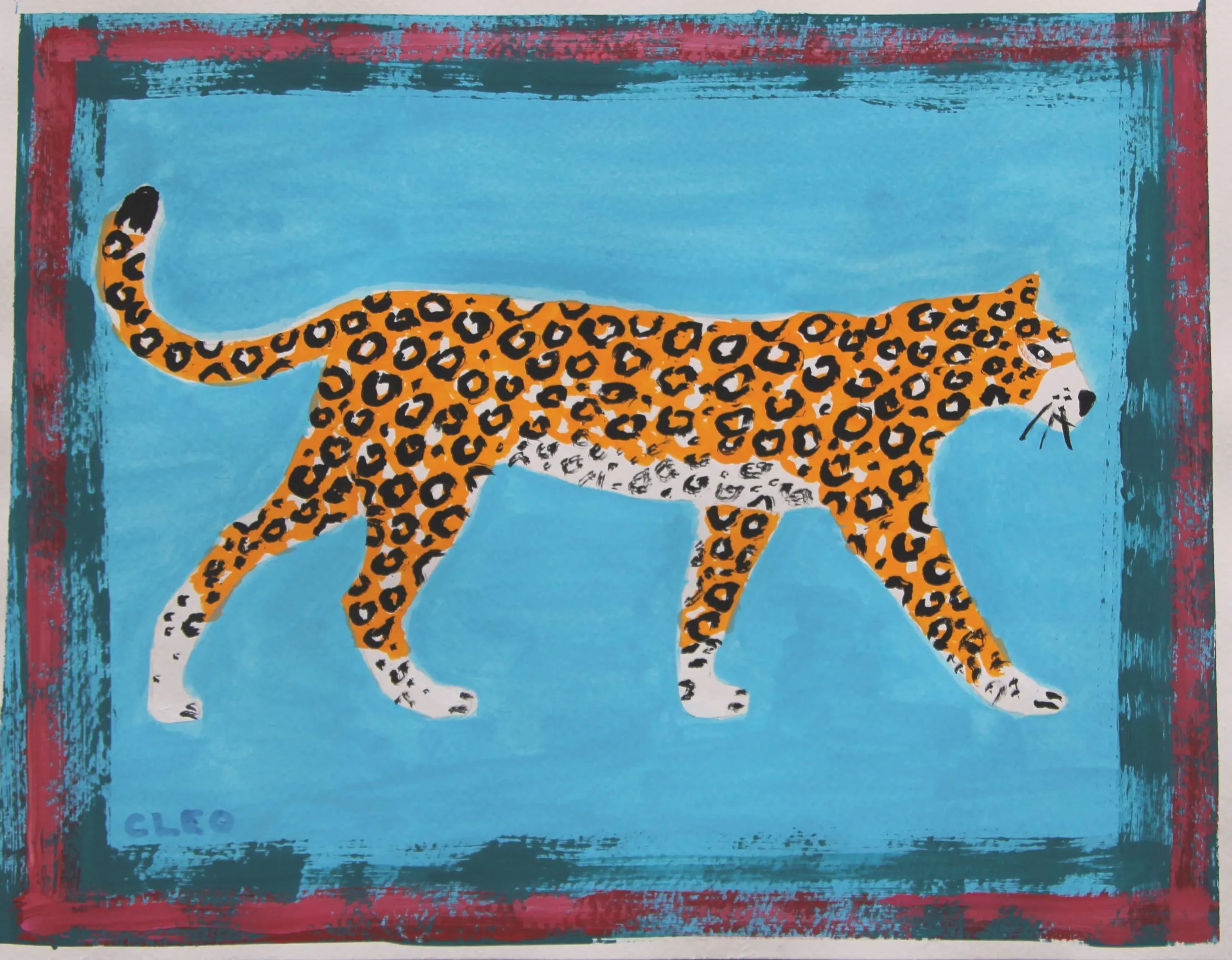 Golden Tiger in Yellow-Green With Border, Expressionism Pop Art