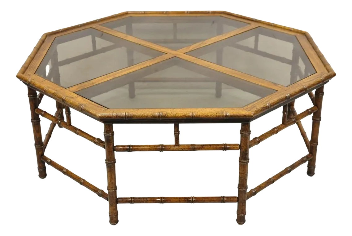 Vintage Hollywood Regency Faux Bamboo Octagonal Wooden Glass Top Coffee Table