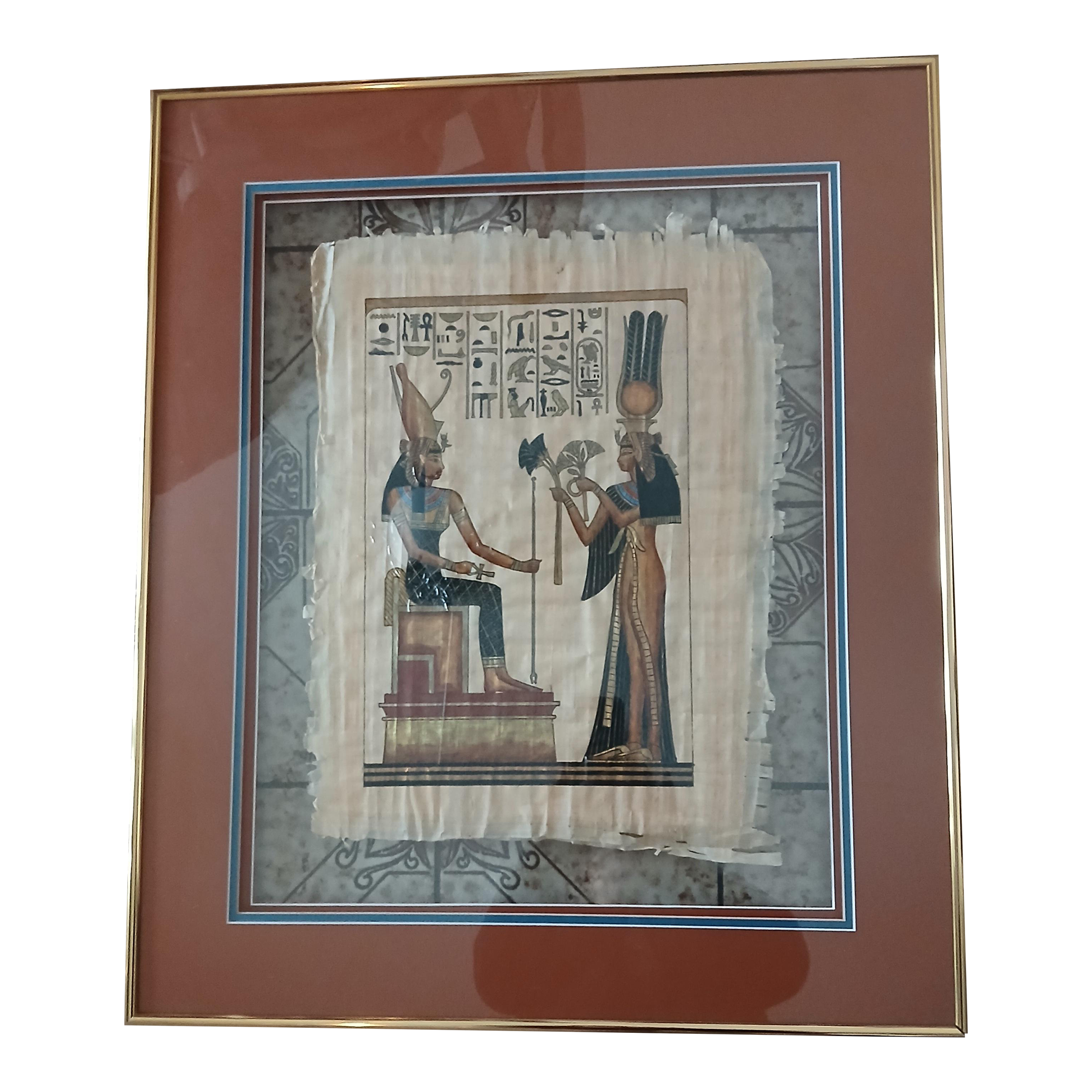 1980s Egyptian Vintage Large Papyrus Painting of Queens in