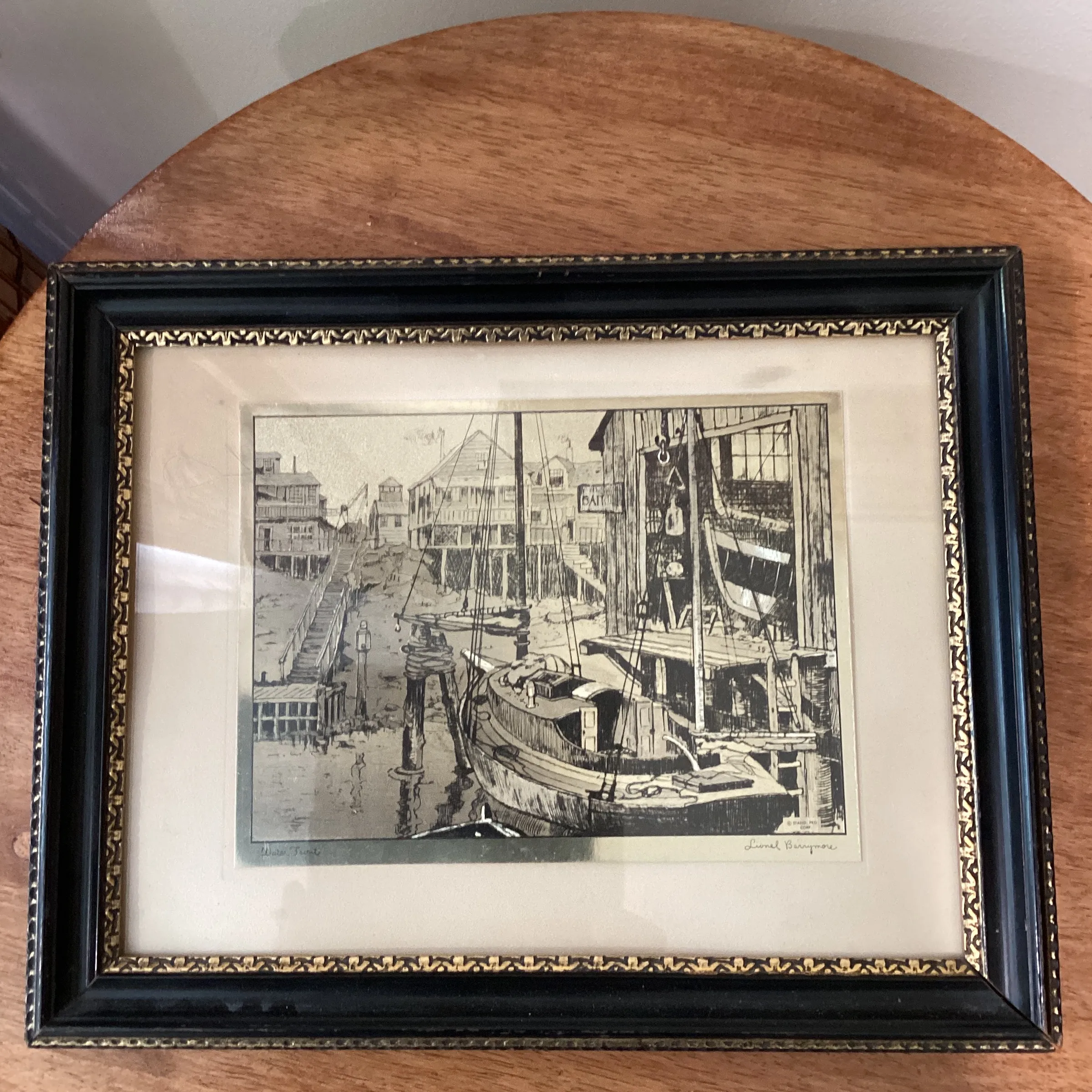 Mid 20th Century Vintage Lionel Barrymore Nautical Motif Gold Foil Print, Framed