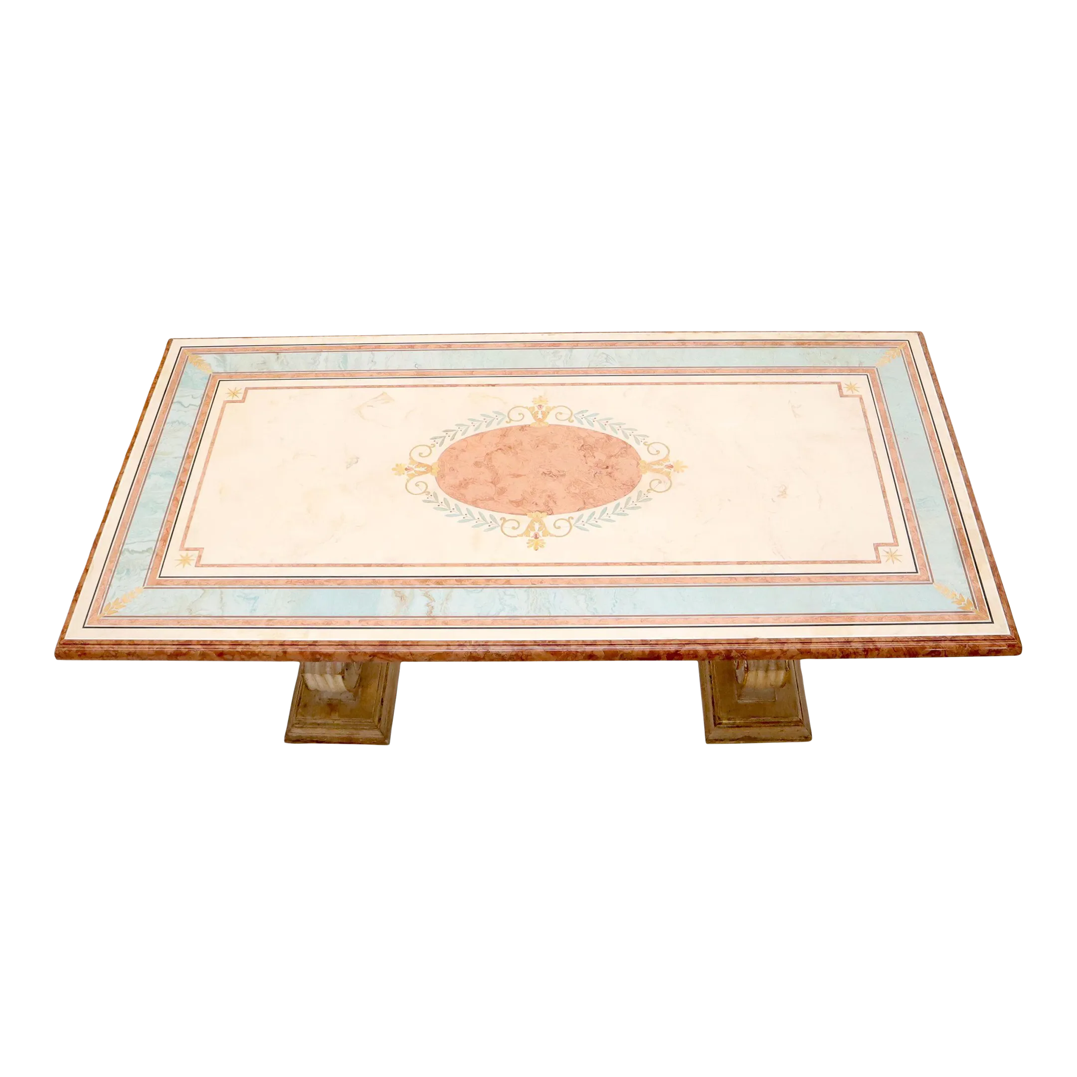 Enamel Decorated Marble Top Dining Table On Carved Gold Lyre Shape