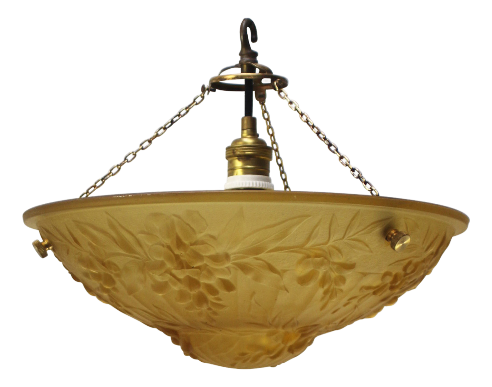 Art Nouveau French Brass and Yellow Pressed Glass Pendant Light, 1920s