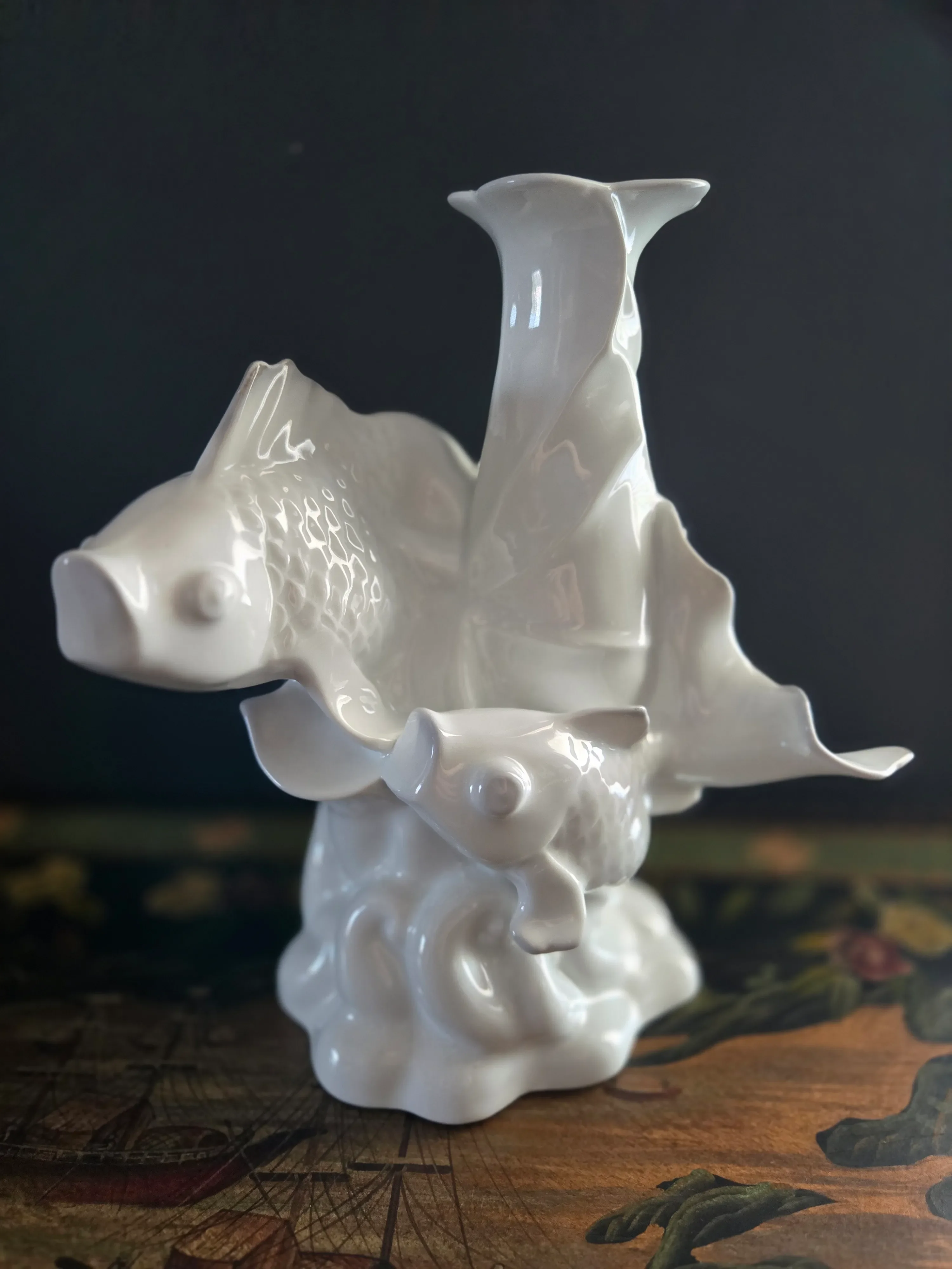Mid Century Koi Fish Vase in White Porcelain, Vintage Chinoiserie