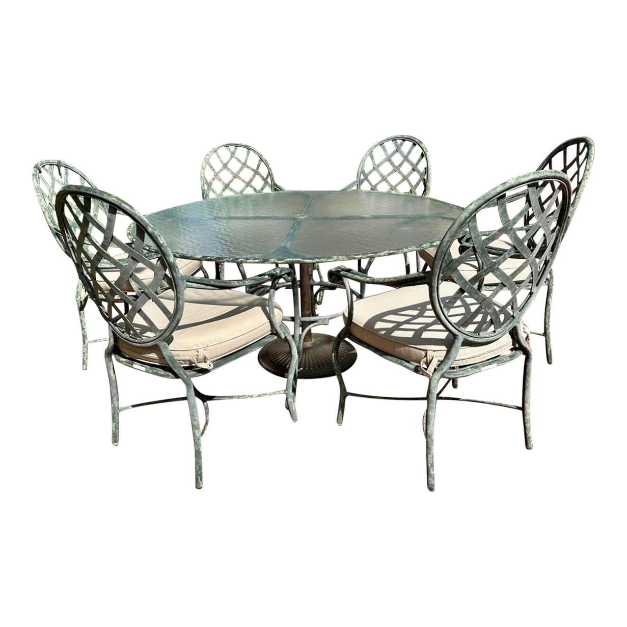 1980’s Brown Jordan Patio Dining Glass Top Table & 6 Armchairs