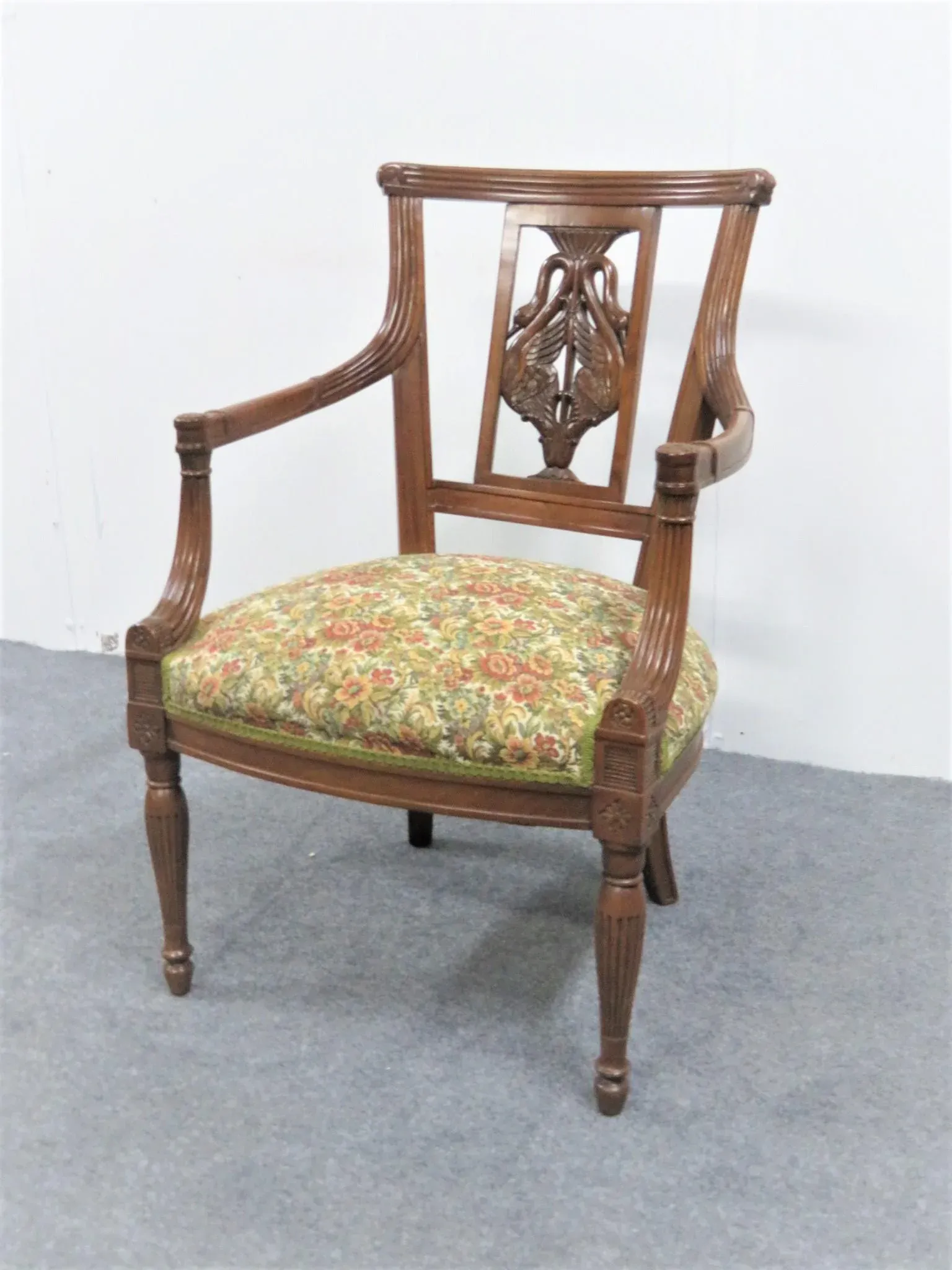 Early 20th Century Italian Style Walnut Swan Carved Chair