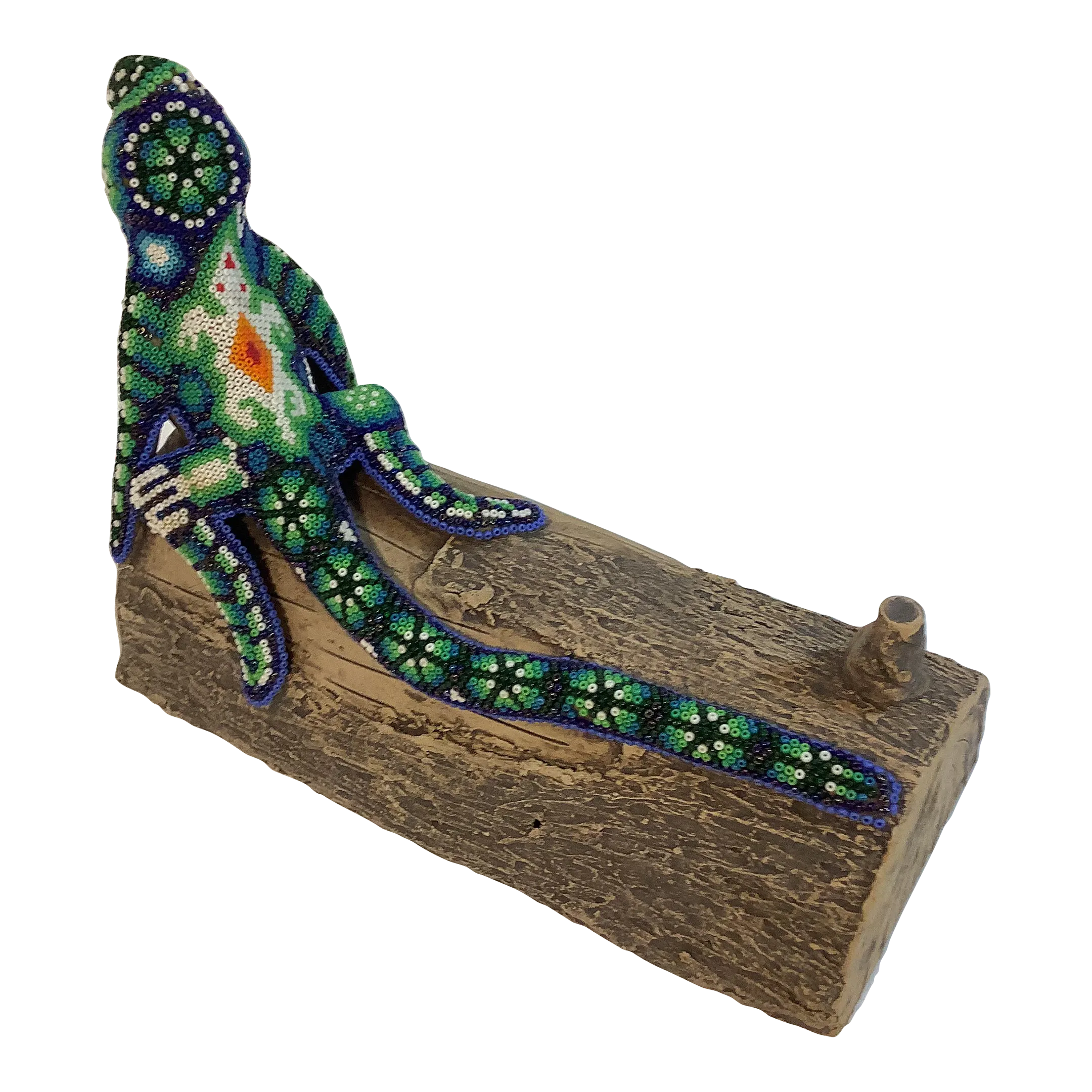 Mid-Century Art Deco Beaded Lizard on a Faux Bois Ceramic Log