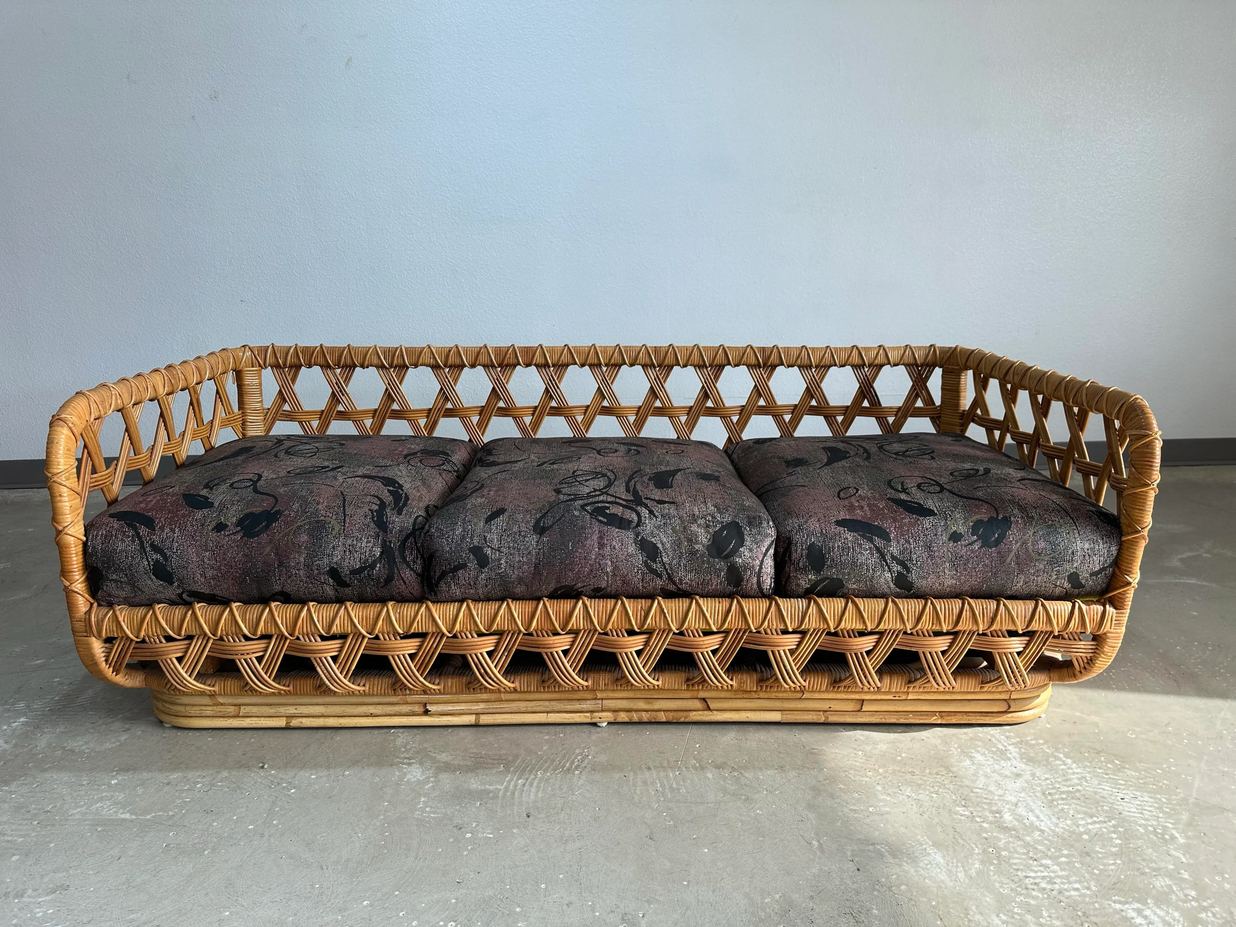 1970s Danny Ho Fong for Tropi-Cal Basket Weave Rattan Sofa
