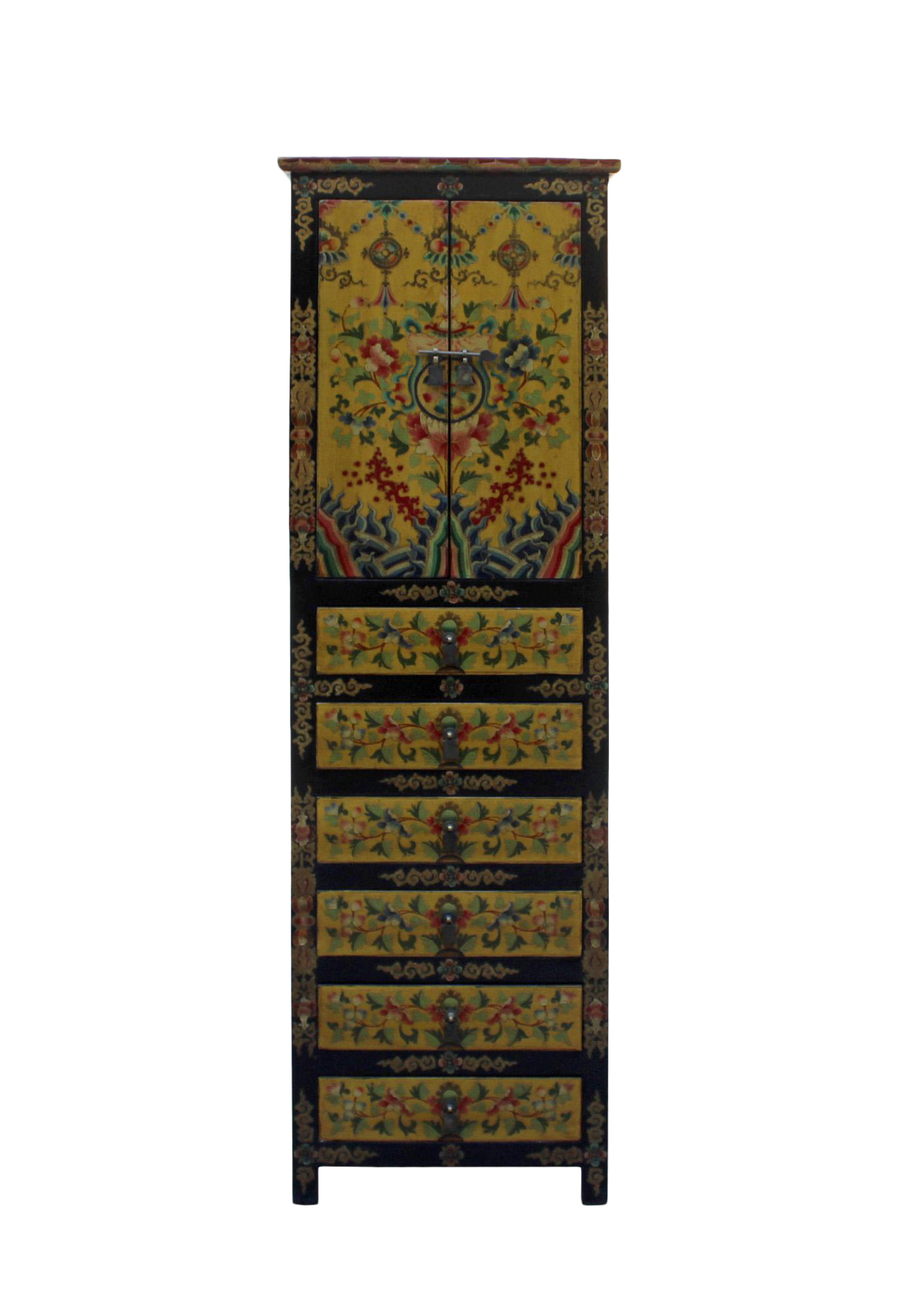 Chinese Tibetan Flower Graphic Tall Slim Multi Drawers Cabinet