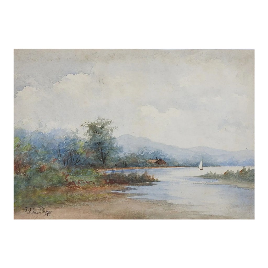 Late 19th Century Lake Cabin Landscape Watercolor Painting | Chairish