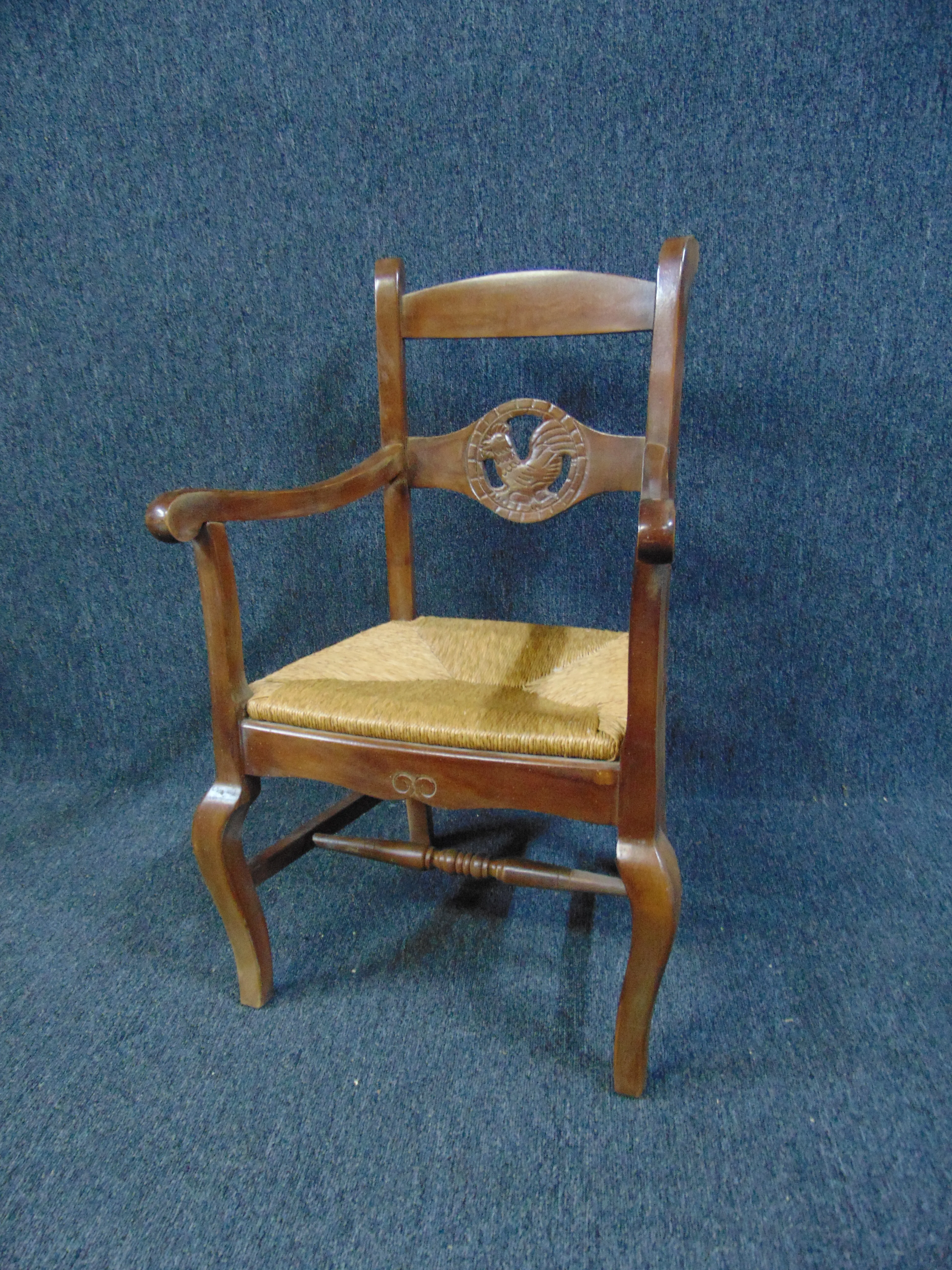 Country French Fruitwood Rooster Carved Rush Seat Arm Chair