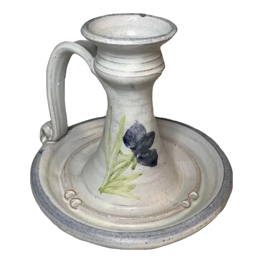 Vintage Studio Art Pottery Chamberstick Taper Candle Holder White Blue