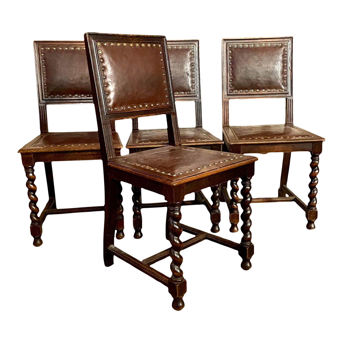 Antique Spanish Revival Barley Twist Leather Dining Chairs Set of