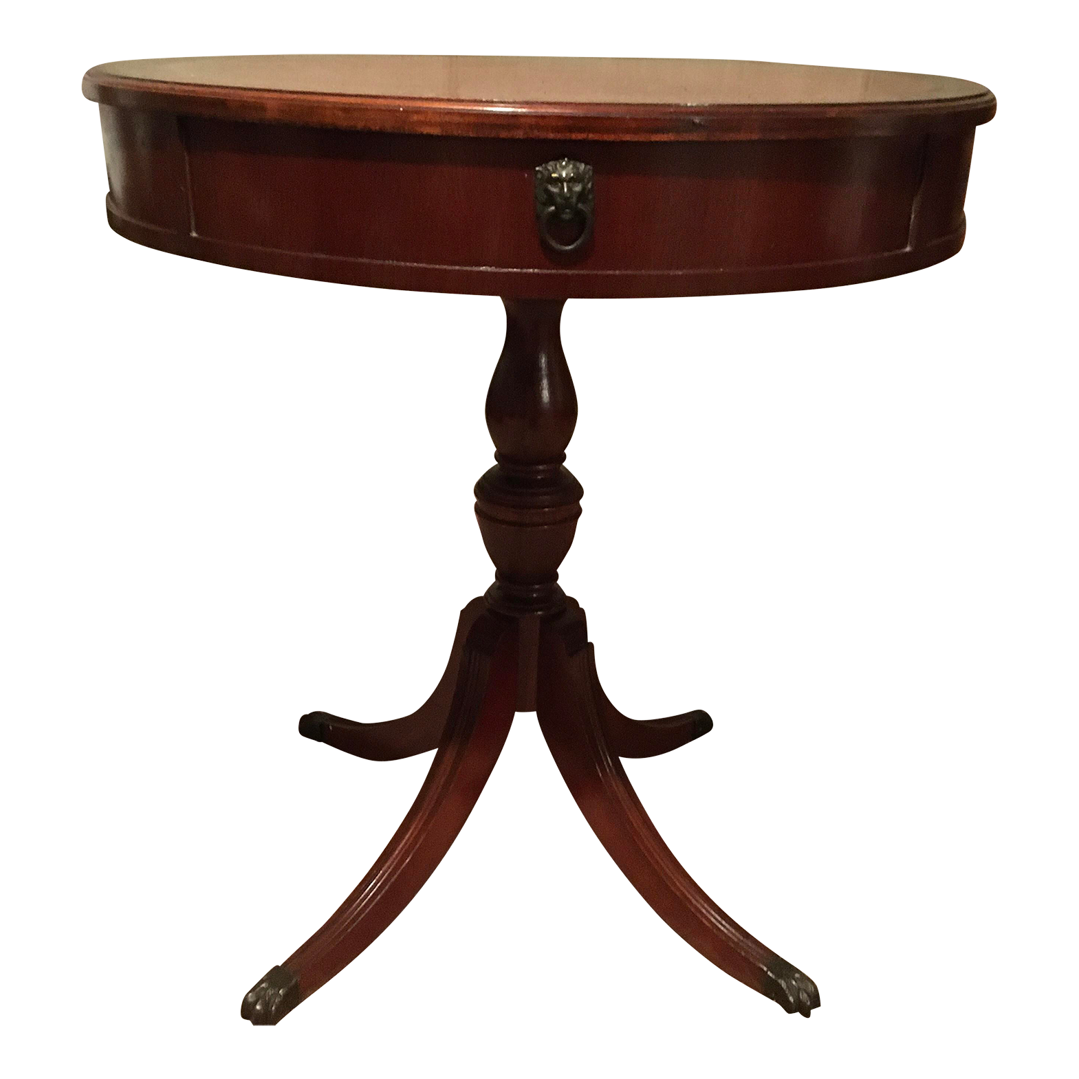 Antique 1940’s Mahogany Drum Table With Stenciled Leather Top Chairish