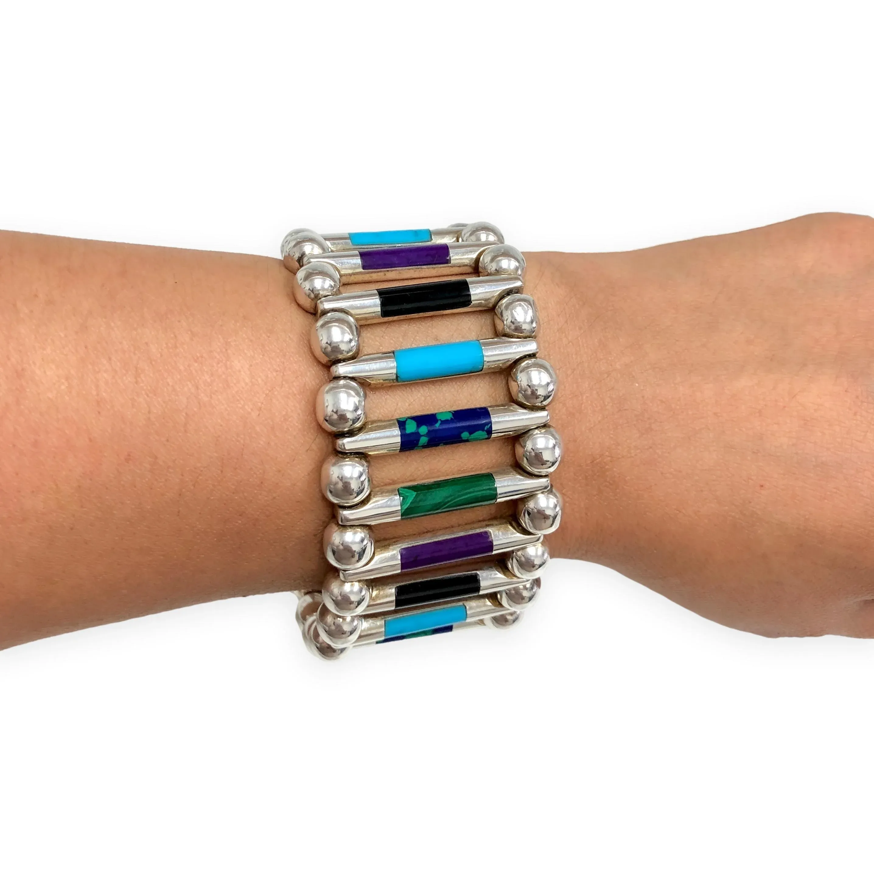 Vintage Tuka Mexican Modernist Silver Gemstone Inlay Bracelet, 1970s, 7.5\