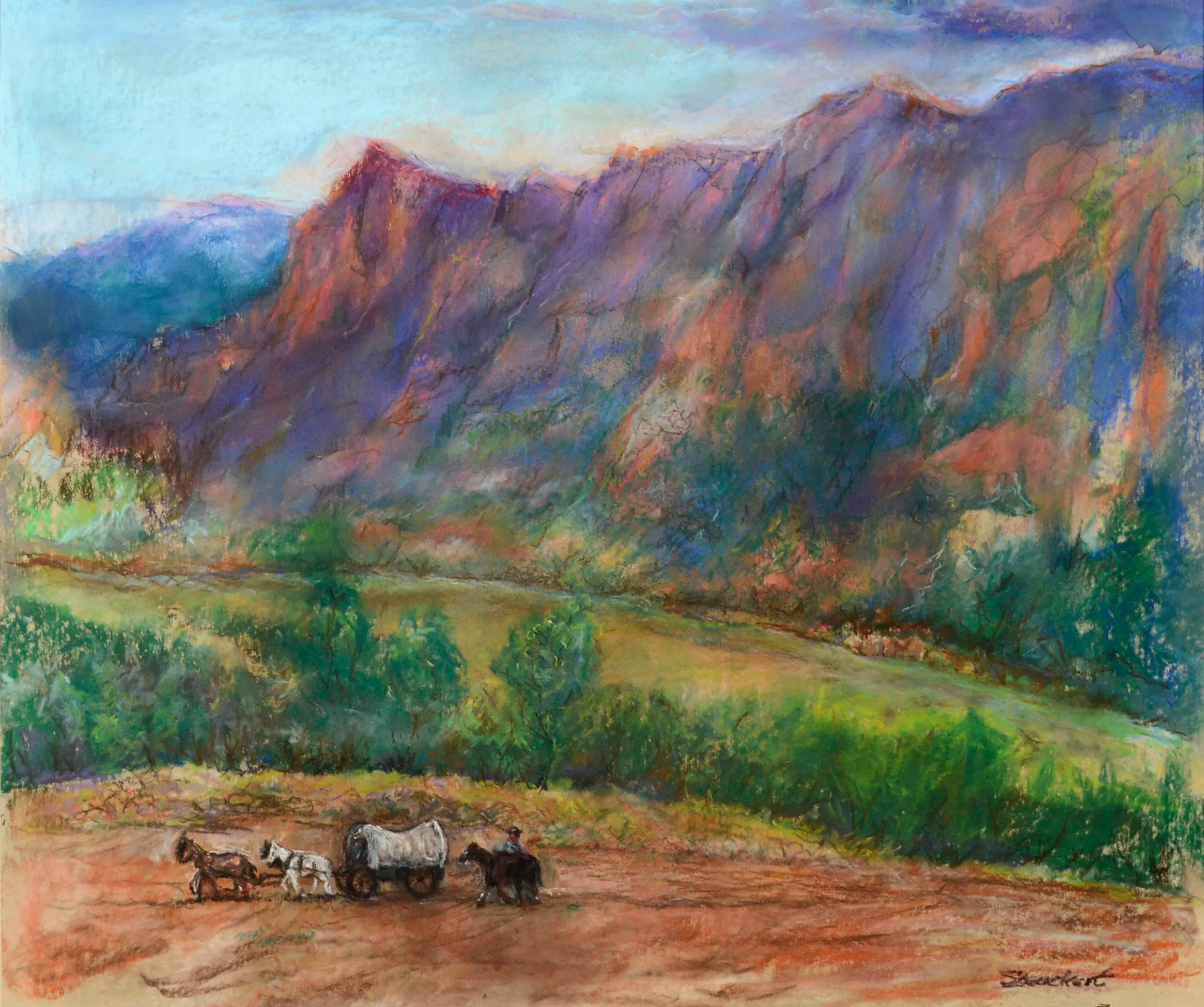 Late 20th Century Pioneer Mountain Landscape Pastel Drawing Late 20th Century Pioneer Mountain Landscape Pastel Drawing