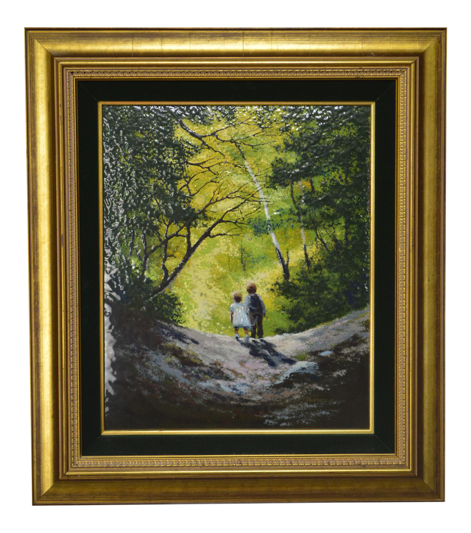 Parthesius Signed Framed Enamel on Copper Painting "Kids on Hill" Chairish