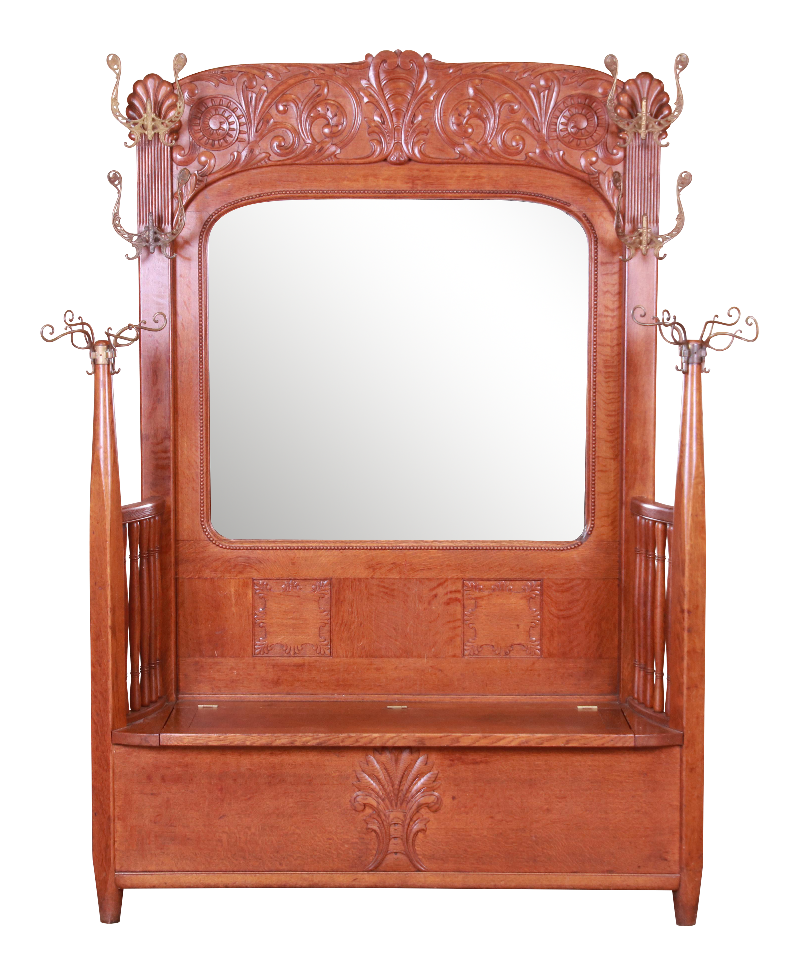oak benches with backs on R J Horner Carved Solid Oak Hall Bench With Mirror Circa 1890 Chairish
