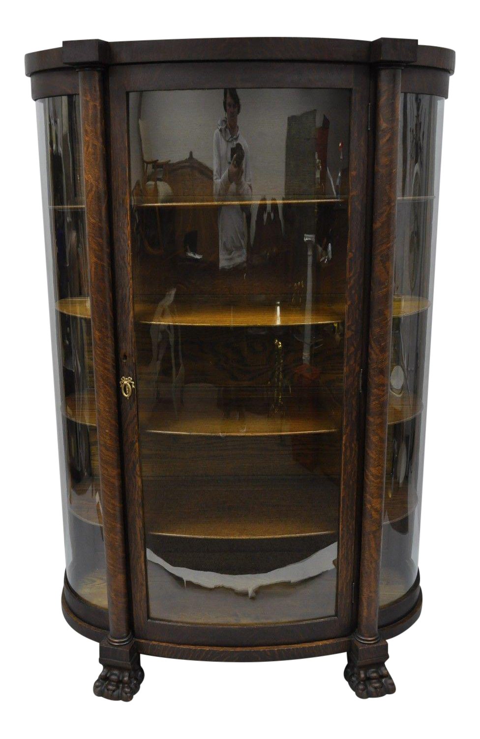 Antique Oak Paw Feet Curved Triple Bow Front Glass China Cabinet