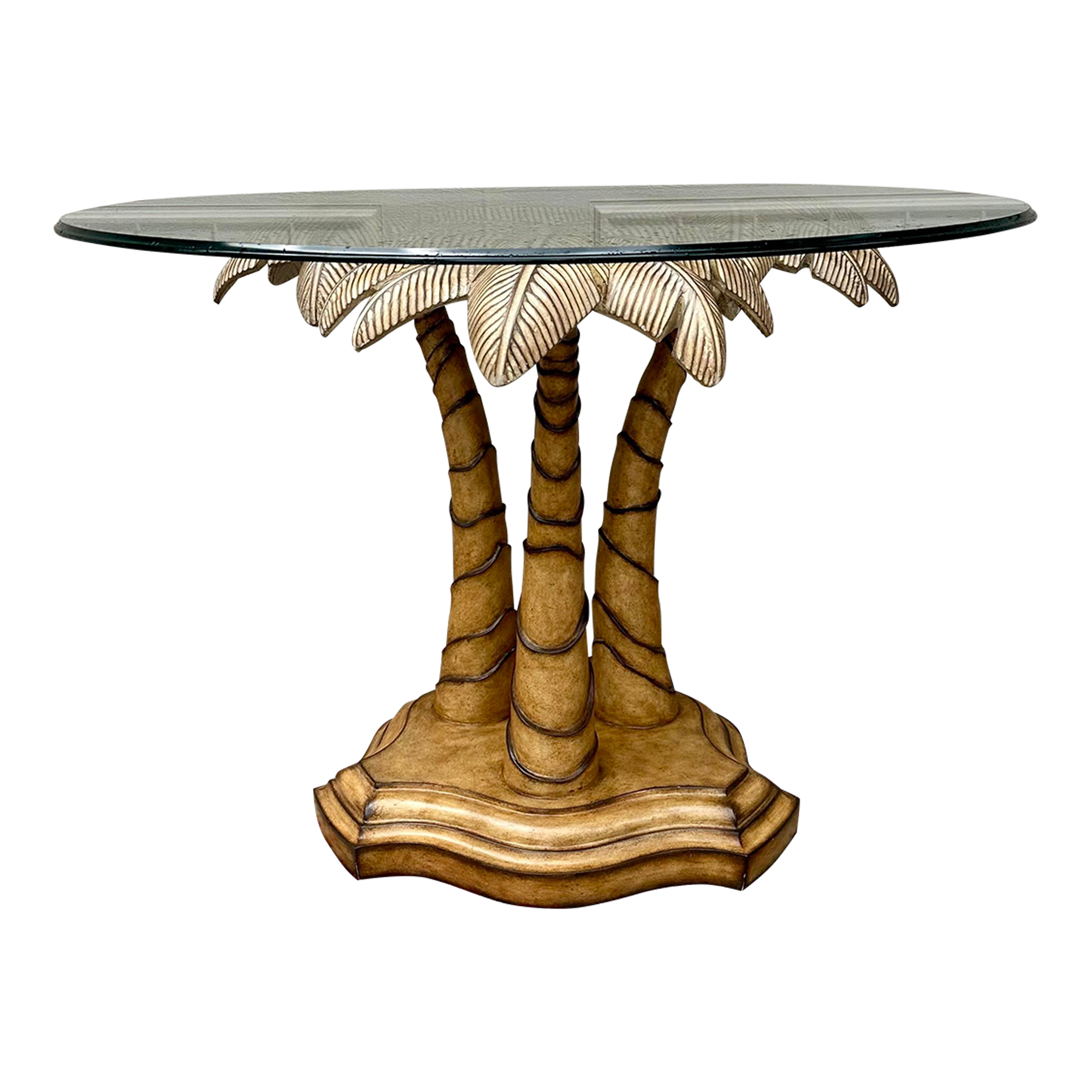 Late 20th Century Vintage Palm Beach Regency Glass Top Palm Tree Table