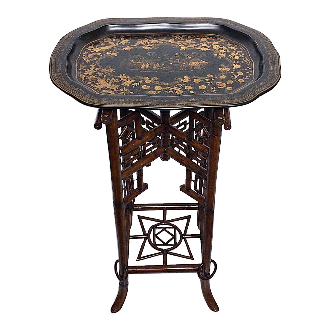 Vintage Chinoiserie Bamboo Tray Table With Black Lacquer & Gold Scenic