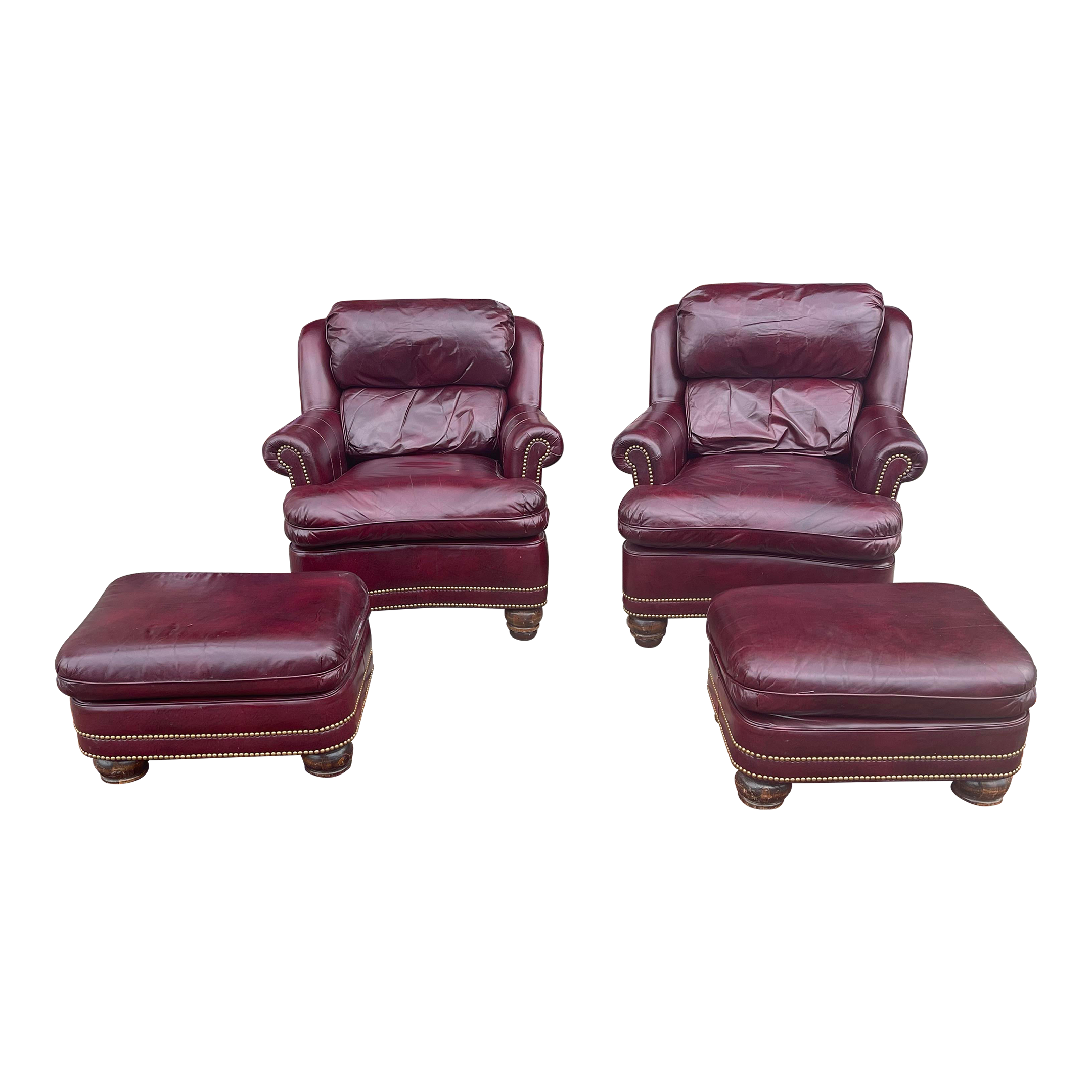 Hancock Moore Leather Club Chairs and Ottomans a Pair | Chairish