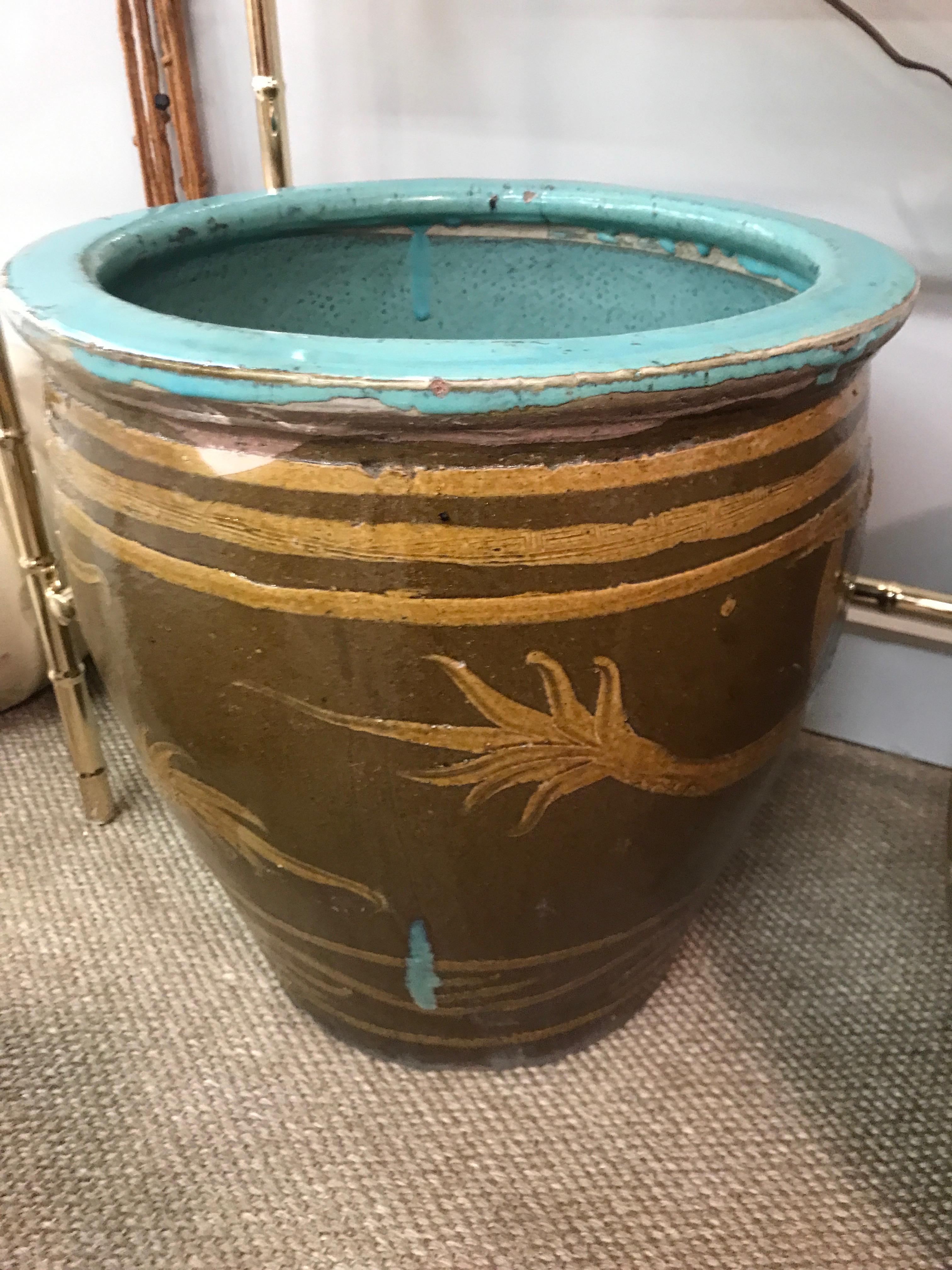 Large Chinese Clay Dragon Egg Pot Planter With Turquoise Inside