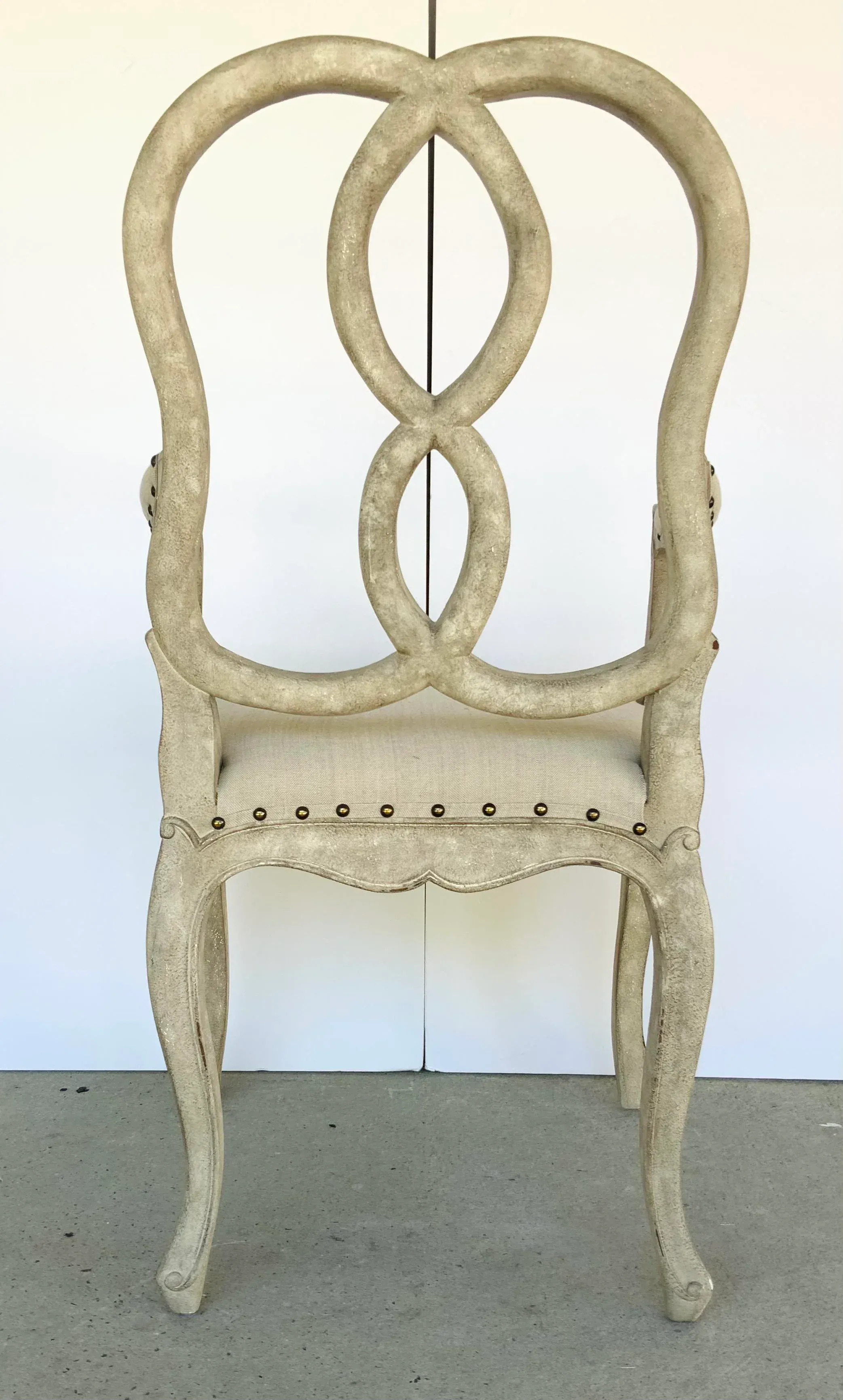 Transitional Greige Finished Craved Mahogany Ribbon Arm Chair