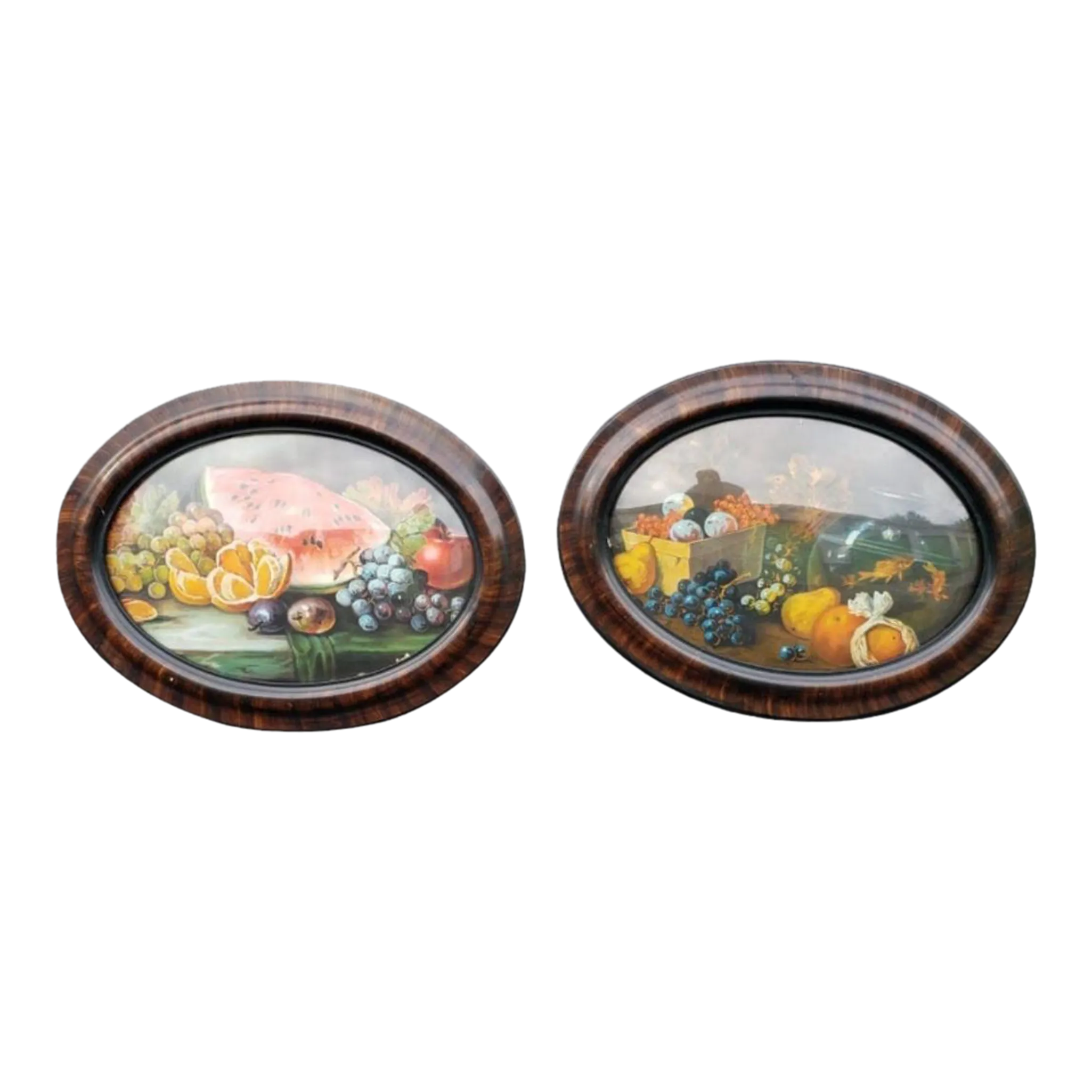 Pair of Antique Oval Tiger Wood Frames With Convex Bubble Glass, a Pair